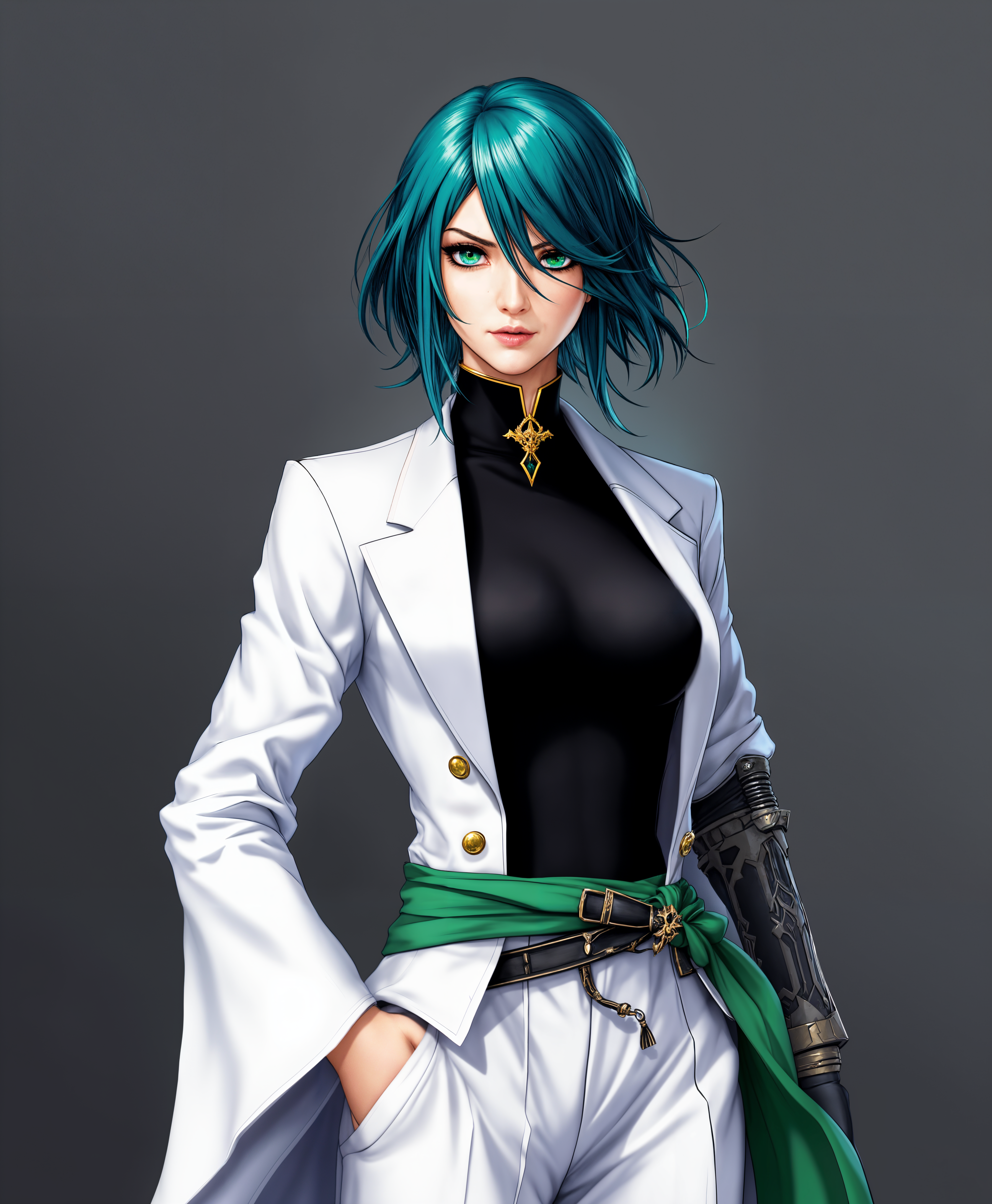 masterpiece, best quality, highres, sharp image, more detail, masterpiece, best quality, highres, sharp image, more detail, Create a high-definition image of Nelliel Tu Odelschwanck in her Espada form, showcasing her as a regal and formidable warrior. Here are the detailed specifications:

- **Character**: Nelliel Tu Odelschwanck, with her distinct teal hair styled in a short, layered bob with two long strands framing her face, and emerald green eyes that convey both wisdom and ferocity.
  
- **Costume**: Her attire should reflect her status as an Arrancar Espada, featuring a white jacket with a high collar, open to reveal a black, form-fitting top underneath. Include her white hakama pants, which taper at the ankles, and her distinctive green sash. Her Zanpakutō, Gamuza, should be visible, sheathed at her side with its unique design.

- **Visual Details**: 
  - **Texture**: The fabric of her jacket should appear smooth yet slightly reflective, contrasting with the soft, flowing texture of her hair and the rugged, battle-worn look of her Zanpakutō.
  - **Color Palette**: Dominate with whites and greens, accented by the black of her undergarments. Ensure the colors are vibrant, with a slight luminescence to give a supernatural feel.
  - **Lighting**: Use dramatic lighting to highlight her form, casting sharp shadows that emphasize her muscular build and the contours of her outfit. 

- **Style**: Employ a neo-futuristic anime style, with clean lines, exaggerated proportions, and a slight cel-shading effect to enhance the 3D depth while maintaining the 2D anime aesthetic.

- **Composition**: 
  - **Positioning**: Nelliel stands in a heroic pose, legs slightly apart, one hand on her Zanpakutō, the other raised with her mask fragment, which resembles a ram's horn, subtly glowing with green energy.
  - **Camera Angle**: Low angle shot to make her appear imposing and dominant.
  - **Framing**: Tight framing focusing on her upper body and face, with just enough room to see the hilt of her sword.

- **Mood and Atmosphere**: 
  - **Ambiance**: Convey a sense of calm power and readiness for battle. The background should be a subtle, blurred landscape, perhaps a desolate Hueco Mundo with swirling sands and a moonlit sky.
  - **Time of Day**: Twilight, with a blend of dusk and the rising moonlight, enhancing the mystical and ethereal quality of her appearance.

- **Technical Aspects**: 
  - **Focus**: Use depth