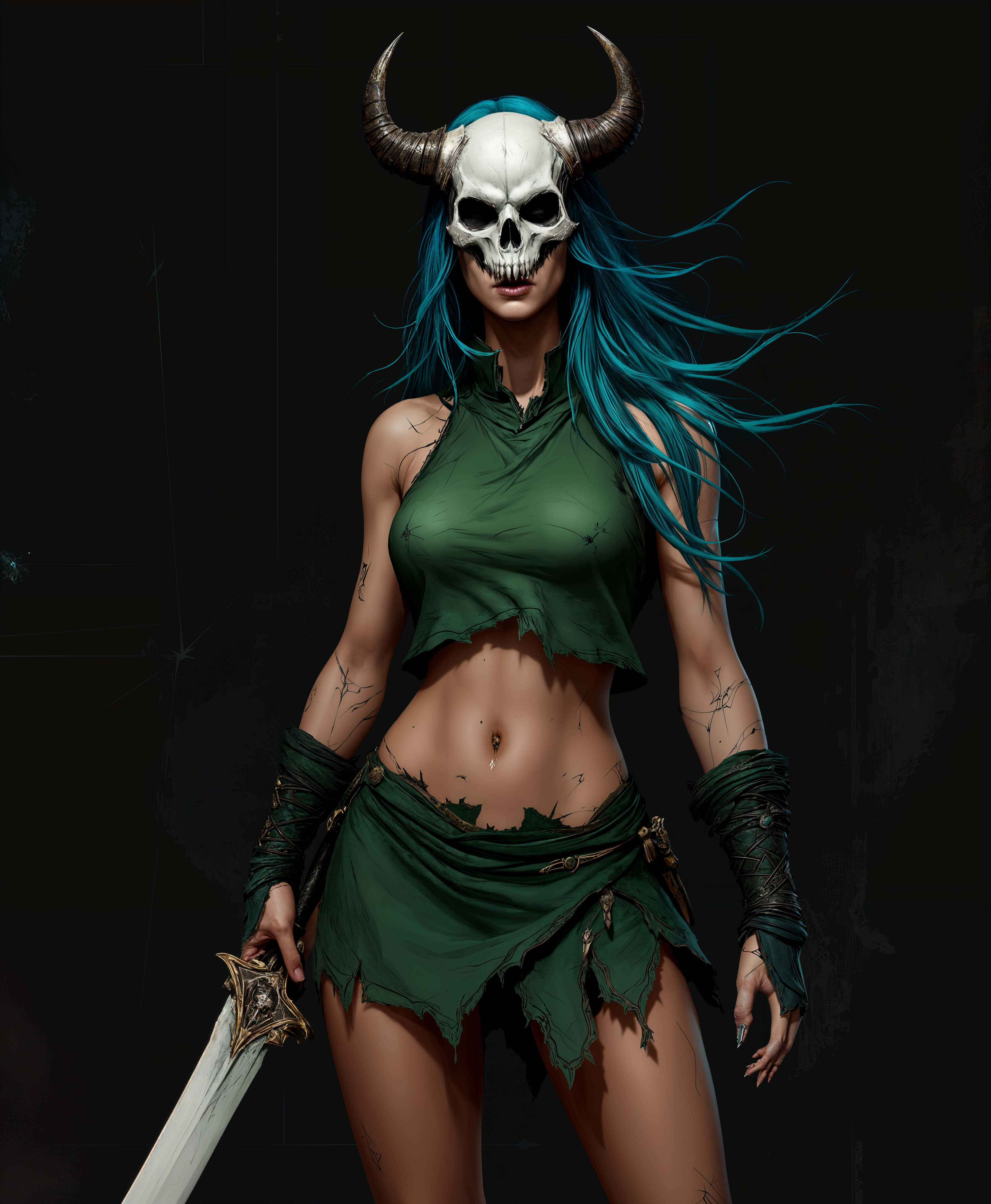 masterpiece, best quality, highres, sharp image, more detail, masterpiece, best quality, highres, sharp image, more detail, Create an AIgenerated image of a female warrior character with the following specifications1. Attire The character should be wearing a short, sleeveless green tunic with a high neckline and a matching green skirt that ends just above the knees. The clothing should have a rough, torn texture, suggesting battleworn durability.2. Hair The character has long, flowing teal hair that cascades down her back and shoulders. The hair should have a dynamic, windswept appearance, indicating movement.3. Accessories She wears a skullshaped headpiece with horns, which rests on top of her head. The skull is white with black eye sockets and a jagged mouth, adding to her fierce warrior aesthetic.4. Weapon In her right hand, she wields a long, straight sword with a pale blade and a dark hilt. The sword has a detailed guard with a birdlike design, possibly a raven or crow, symbolizing perhaps a connection to death or the afterlife.5. Background The character stands against a dark, abstract background with geometric shapes and lines that give the impression of a shattered or broken space, suggesting a battlescarred environment or a realm of darkness.6. Expression and Posture The character has a determined and fierce expression, with a furrowed brow and a set jaw. Her posture is confident and assertive, with her left hand on her hip and her right arm extended, sword ready for combat.7. Color Palette The color palette should be dark with pops of teal and green, emphasizing the contrast between the warriors attire and the ominous background.8. Lighting The lighting should be dramatic, with shadows accentuating the characters form and the textures of her clothing and weapon.9. Additional Details Consider adding a touch of red or maroon on the characters cheeks or forehead to give her a battlescarred look, and perhaps a faint aura or glow around her to indicate her warrior status or supernatural abilities.10. Style The artwork should have a modern anime influence with a touch of fantasy, characterized by clean lines, vibrant colors, and a sense of action and drama.