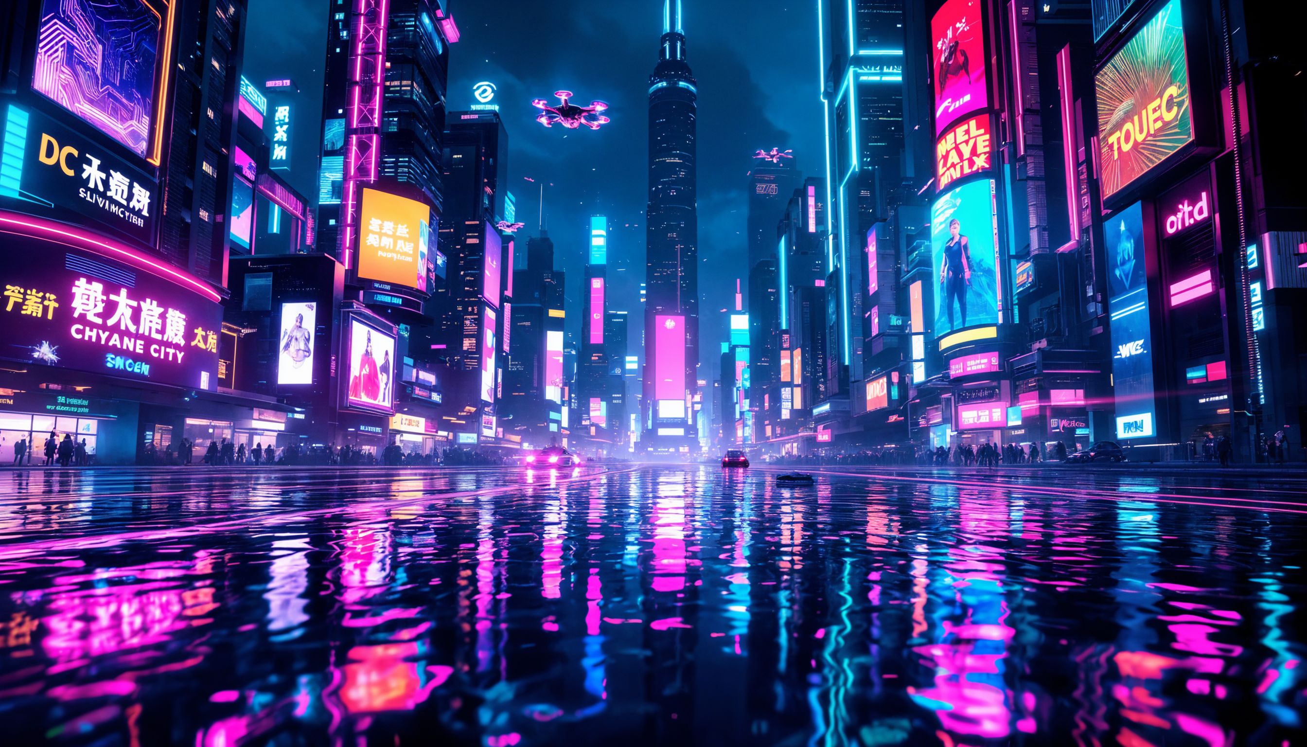 masterpiece, best quality, highres, sharp image, more detail, A high-resolution camera photograph, capturing a mirrored scene on a still, reflective water surface. Within this reflection, a vibrant, **cyberpunk city** sprawls, characterized by:

- **Visual Details:** Neon lights in hues of electric blue, hot pink, and neon green illuminate towering skyscrapers with holographic billboards and LED screens displaying futuristic ads. The buildings feature sleek, metallic facades with integrated circuitry patterns, and there are visible drones and flying cars creating light trails in the night sky.

- **Style:** The scene adopts a **futuristic, cyberpunk aesthetic**, reminiscent of sci-fi films like 'Blade Runner', with a blend of high-tech and gritty urban elements. The reflection should mimic the **hyper-realistic** quality of high-end CGI, capturing the essence of a digital, dystopian future.

- **Composition:** The water's edge frames the bottom of the image, creating a natural border. The reflection spans the entire width, showcasing the cityscape with a slight distortion typical of reflections. The city is positioned centrally, with the tallest structures at the center, tapering off into the distance on either side.

- **Mood and Atmosphere:** The atmosphere is **neon-lit and ethereal**, with a sense of mystery and otherworldliness. The night setting with low ambient light enhances the glow of the city, creating a stark contrast between the dark water and the luminous cityscape. A slight mist or fog adds depth and a touch of surrealism.

- **Technical Aspects:** Utilize a **wide-angle lens** to capture the expansive cityscape, with a **long exposure** to blur any slight water movement, enhancing the reflective quality. Depth of field should keep both the water's surface and the reflected city in sharp focus.

- **Cohesion:** All elements combine to create a scene that feels both real and imagined, where the boundary between the city above and its reflection below blurs, inviting the viewer into this futuristic urban dream.