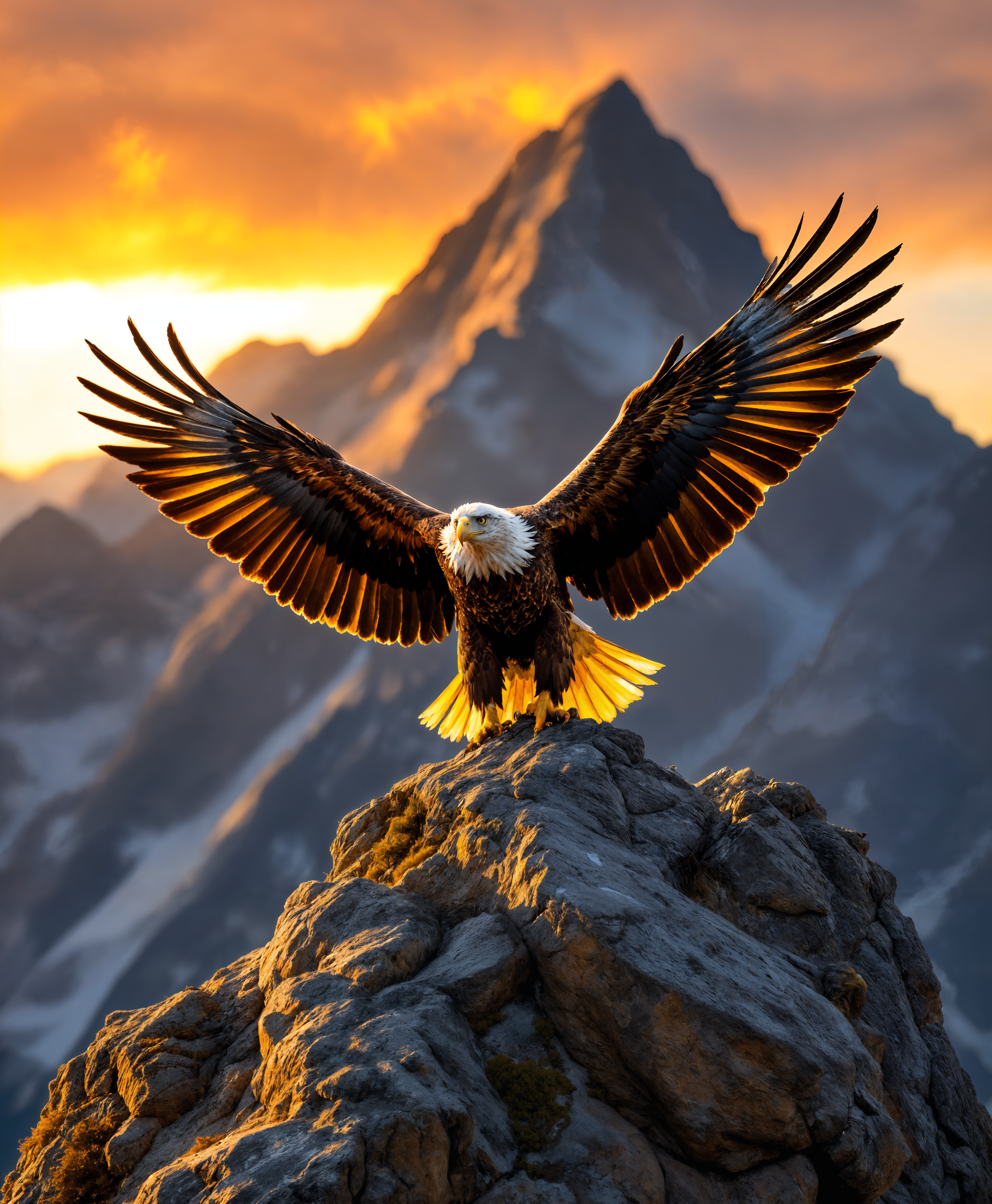 masterpiece, best quality, highres, sharp image, more detail, masterpiece, best quality, highres, sharp image, more detail, A majestic golden eagle, its wings spread wide, is captured in the moment of landing atop a rugged mountain peak. **Visual Details:** The eagle's feathers glisten with a golden hue under the soft, golden light of sunset. The texture of the feathers is visible, showing fine details like the barbs and barbules. The mountain's rocky surface is weathered, with patches of moss and lichen adding color and texture contrast. **Style:** The image should evoke the style of wildlife photography, with a focus on natural beauty and the raw power of nature, reminiscent of Ansel Adams' landscape work but with a dynamic subject. **Composition:** The eagle is centered, dominating the frame, with the mountain peak jutting sharply into the sky, creating a dramatic silhouette against the backdrop of a fiery sunset. The camera angle is slightly below the eagle, looking up to emphasize its grandeur. **Mood and Atmosphere:** The atmosphere is serene yet charged with the tension of the eagle's descent. The time of day is dusk, with long shadows cast by the mountain, and the sky transitioning from deep blues to fiery oranges and reds. **Technical Aspects:** Use a shallow depth of field to blur the background, focusing sharply on the eagle. The lighting should be soft, with a high dynamic range to capture the details in both the dark feathers and the bright sky. **Cohesion:** This scene combines the natural elements of the mountain environment with the majestic presence of the eagle, creating a harmonious and awe-inspiring visual narrative of nature's majesty.