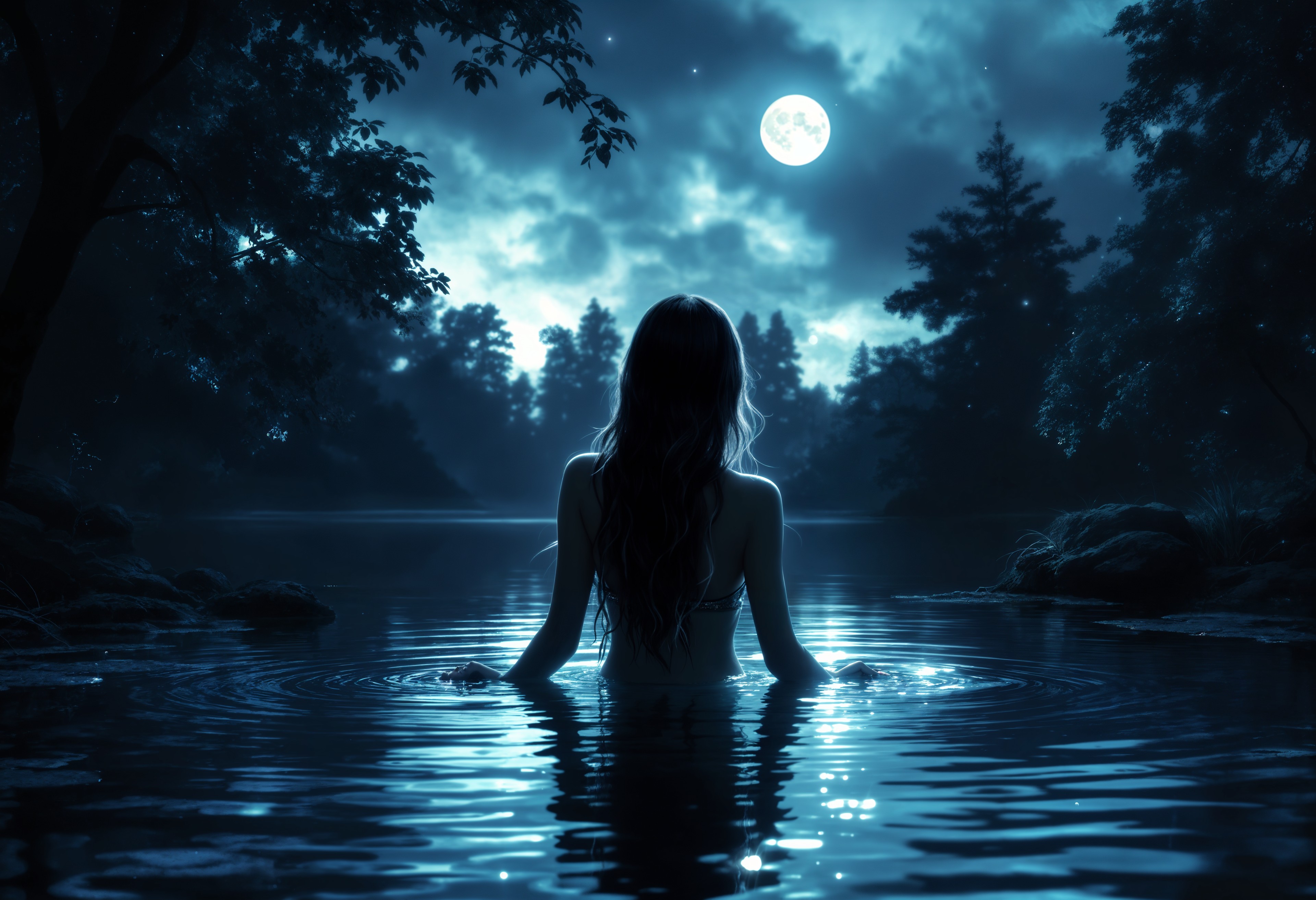 masterpiece, best quality, highres, sharp image, more detail, masterpiece, best quality, highres, sharp image, more detail, **Prompt for Image Generation:**

Imagine a serene night scene where the sky above blends seamlessly into the still, reflective waters of a pond. The pond, nestled amidst a dense forest of towering trees, captures the ethereal glow of the full moon, creating a silver path across the water.

**Visual Details:**
- The pond's surface mirrors the sky, with gentle ripples from the woman's swimming creating a soft, shimmering effect.
- The trees around the pond have dark foliage with hints of moonlight filtering through, casting dappled shadows on the water.
- The woman has long, black hair with blonde highlights that catch the moonlight, giving her an almost otherworldly glow.
- She wears a beautifully designed, shimmery bikini in shades of silver and blue, complementing the moonlit setting.

**Style:**
- Capture this scene in the style of a romantic, dreamy realism with a touch of impressionism, reminiscent of the works of John William Waterhouse, focusing on the interplay of light and shadow.

**Composition:**
- The camera angle is from above, looking down into the pond, providing a view of both the sky and the water, with the woman slightly off-center to the right, creating a dynamic balance.
- The moon is positioned high in the sky, directly illuminating the center of the pond where the woman floats.

**Mood and Atmosphere:**
- The atmosphere is tranquil and enchanting, with a subtle sense of magic. The moon casts a soft, silvery light, and the forest whispers with the rustle of leaves, adding to the serene ambiance.
- The time is late night, with a clear sky, and a gentle, almost imperceptible breeze.

**Technical Aspects:**
- Utilize a shallow depth of field to focus on the woman and the moonlit water, with the surrounding trees softly blurred to enhance the focus on the pond's reflection.
- Employ a wide-angle lens to capture the vastness of the scene while emphasizing the intimacy of the moment.

**Cohesion:**
- All elements converge to create a scene that feels both realistic and fantastical, where the natural beauty of the environment enhances the ethereal presence of the woman, blending fantasy with the tangible world.