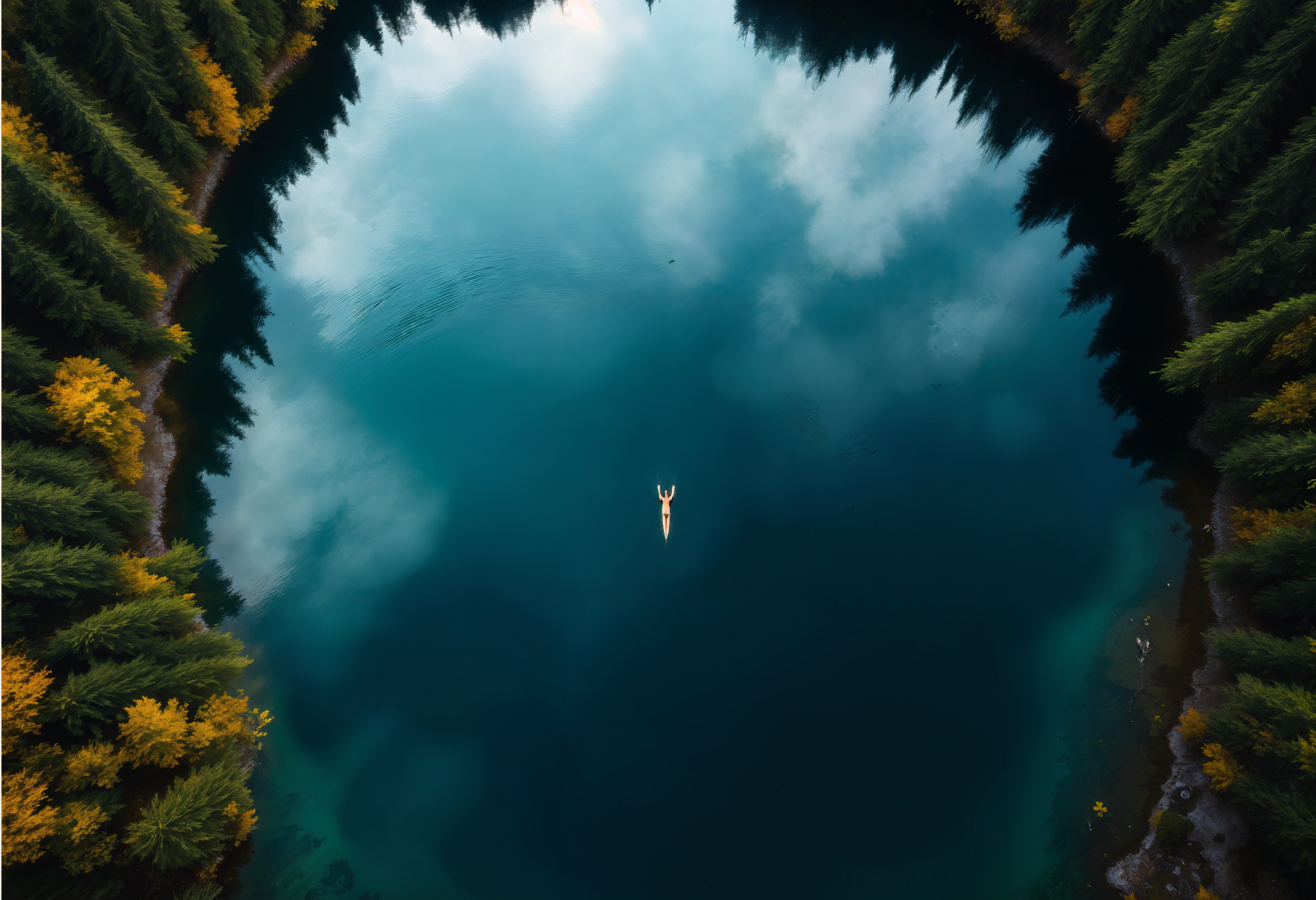 masterpiece, best quality, highres, sharp image, more detail, masterpiece, best quality, highres, sharp image, more detail, A top-down aerial perspective of a serene mountain lake, nestled amidst a dense, lush forest. The lake's surface reflects the sky above, creating a mirror-like effect, with subtle ripples from the movement of a **crocodile** swimming near the center. The water should have a deep, emerald hue, with lighter shades around the edges where the sunlight kisses the surface. The surrounding forest features a rich tapestry of greens, with the occasional splash of autumnal colors. 

- **Style**: Photorealistic, with a touch of painterly texture to soften the realism, reminiscent of a National Geographic aerial shot.
- **Composition**: The lake is the focal point, positioned centrally but slightly offset to allow for the forest to frame it. The crocodile's path creates a dynamic line within the composition.
- **Mood**: Peaceful yet with an element of wild nature's unpredictability, captured in the early morning light with the mist just lifting from the water.
- **Atmosphere**: Crisp, cool mountain air, the light of dawn casting long shadows over the lake, with soft mist or fog lingering in parts of the forest.
- **Technical Aspects**: Use a wide-angle lens to capture the expansive view, with a high shutter speed to freeze the movement of the crocodile in the water, ensuring sharp details on the forest canopy and the water's surface.