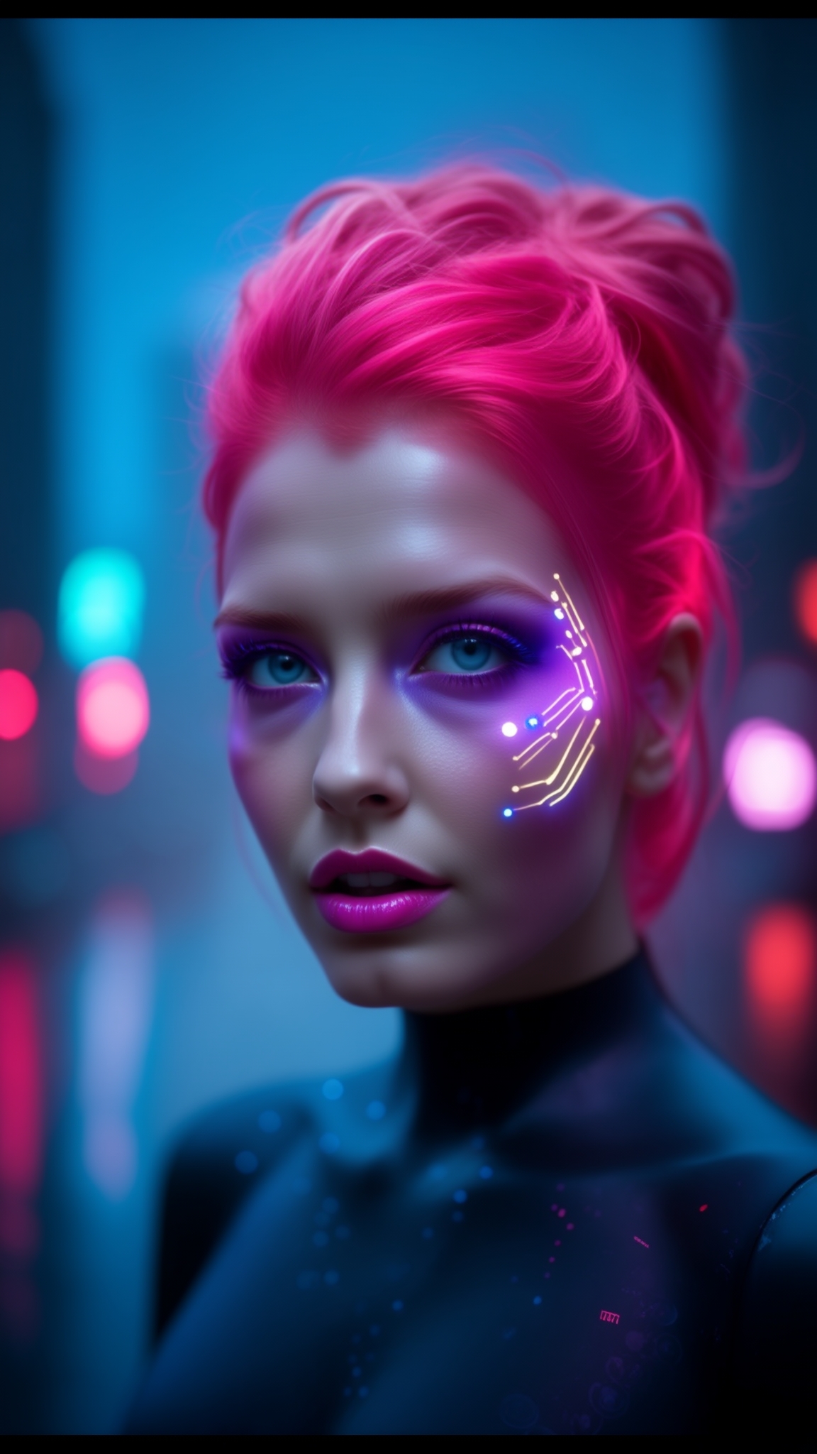 A highly detailed portrait of a **beautiful woman** with:

- **Visual Details**: Her skin has a **porcelain texture** with a **soft, iridescent glow**, highlighting her features. She has **cybernetic enhancements** subtly integrated into her appearance, like **circuit patterns** around her eyes and a **faint LED glow** from her irises. Her hair is styled in an **intricate, futuristic updo** with **holographic strands** shimmering in the light.

- **Style**: The image employs **cyberpunk aesthetics** with a mix of **futuristic realism**. The style draws inspiration from **Blade Runner** and **Neuromancer**, capturing the essence of a **high-tech, low-life** environment.

- **Composition**: She is **centrally framed**, looking slightly off-camera with a **mysterious expression**, enhancing her enigmatic allure. The **camera angle** is slightly low, giving her an air of dominance over the viewer. The **cityscape** behind her is **blurred**, yet its **neon lights** and **skyscrapers** are visible, creating a **bokeh effect**.

- **Mood and Atmosphere**: The scene evokes a **noir-like ambiance** with **rain reflecting neon lights** on the wet pavement. The **lighting** is **soft and diffused**, coming from the city lights, casting **long, sharp shadows** that contrast with the woman's illuminated face. The atmosphere suggests **late night**, with a **foggy mist** adding depth and mystery.

- **Technical Aspects**: The image should use **high dynamic range** to capture the **contrast between the woman's detailed features** and the **distant city lights**. Employ **bokeh** for the background, **focus stacking** to maintain sharpness on the woman, and **color grading** to enhance the **cyberpunk color palette** of **neon blues, purples, and pinks**.

- **Cohesion**: The futuristic city behind her integrates seamlessly with her cybernetic enhancements, creating a unified theme of **technology and beauty** in a **dystopian future**. The overall scene should feel like a **still from a sci-fi film**, where the woman is both part of the city and its observer, embodying the essence of **futuristic elegance**.