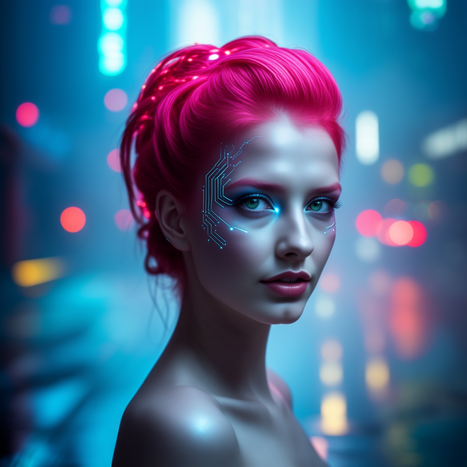 A highly detailed portrait of a **beautiful woman** with:

- **Visual Details**: Her skin has a **porcelain texture** with a **soft, iridescent glow**, highlighting her features. She has **cybernetic enhancements** subtly integrated into her appearance, like **circuit patterns** around her eyes and a **faint LED glow** from her irises. Her hair is styled in an **intricate, futuristic updo** with **holographic strands** shimmering in the light.

- **Style**: The image employs **cyberpunk aesthetics** with a mix of **futuristic realism**. The style draws inspiration from **Blade Runner** and **Neuromancer**, capturing the essence of a **high-tech, low-life** environment.

- **Composition**: She is **centrally framed**, looking slightly off-camera with a **mysterious expression**, enhancing her enigmatic allure. The **camera angle** is slightly low, giving her an air of dominance over the viewer. The **cityscape** behind her is **blurred**, yet its **neon lights** and **skyscrapers** are visible, creating a **bokeh effect**.

- **Mood and Atmosphere**: The scene evokes a **noir-like ambiance** with **rain reflecting neon lights** on the wet pavement. The **lighting** is **soft and diffused**, coming from the city lights, casting **long, sharp shadows** that contrast with the woman's illuminated face. The atmosphere suggests **late night**, with a **foggy mist** adding depth and mystery.

- **Technical Aspects**: The image should use **high dynamic range** to capture the **contrast between the woman's detailed features** and the **distant city lights**. Employ **bokeh** for the background, **focus stacking** to maintain sharpness on the woman, and **color grading** to enhance the **cyberpunk color palette** of **neon blues, purples, and pinks**.

- **Cohesion**: The futuristic city behind her integrates seamlessly with her cybernetic enhancements, creating a unified theme of **technology and beauty** in a **dystopian future**. The overall scene should feel like a **still from a sci-fi film**, where the woman is both part of the city and its observer, embodying the essence of **futuristic elegance**.