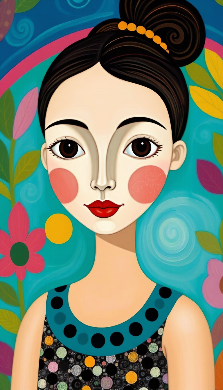 This is an image that features a stylized and colorful representation of a female figure. The art style is reminiscent of pop surrealism, with a focus on exaggerated features and a whimsical, fantastical aesthetic.The medium appears to be digital painting, given the smooth blending of colors and the lack of texture that one might expect from traditional mediums like oil or acrylic paints. The use of shading and highlights is also consistent with digital painting techniques.The colors are vibrant and bold, with a predominance of blues, greens, yellows, and pinks. These colors are used to create a lively and dynamic background that contrasts with the figures more subdued color scheme. The figures skin is a soft peach with subtle blushes on the cheeks and a hint of rosy pink on the lips. Her hair is a rich brown with lighter highlights, and the texture of the hair strands is rendered with fine lines and shading.The figure is wearing a sleeveless top adorned with a pattern of small, evenly spaced polka dots. The dots are a mix of black and white, and they give the fabric a playful and youthful appearance. The neckline of the top is simple and unadorned, allowing the focus to remain on the polka dot pattern.The figures pose is relaxed and confident, with one arm slightly raised and the other hanging by her side. Her hands are not visible, which adds to the enigmatic quality of the image. The figures facial expression is serene and approachable, with a slight smile and a gaze that seems to be directed at the viewer.The background of the image is a dense and intricate pattern of swirling lines, shapes, and floral motifs. This pattern is reminiscent of Art Nouveau or Art Deco designs, with a playful and whimsical twist. The background is a mix of greens, yellows, and pinks, with splashes of red and blue, creating a vibrant and dynamic contrast with the figure.Overall, the image is a celebration of color, pattern, and whimsy, with a focus on the interplay between the figure and her vibrant, fantastical surroundings.