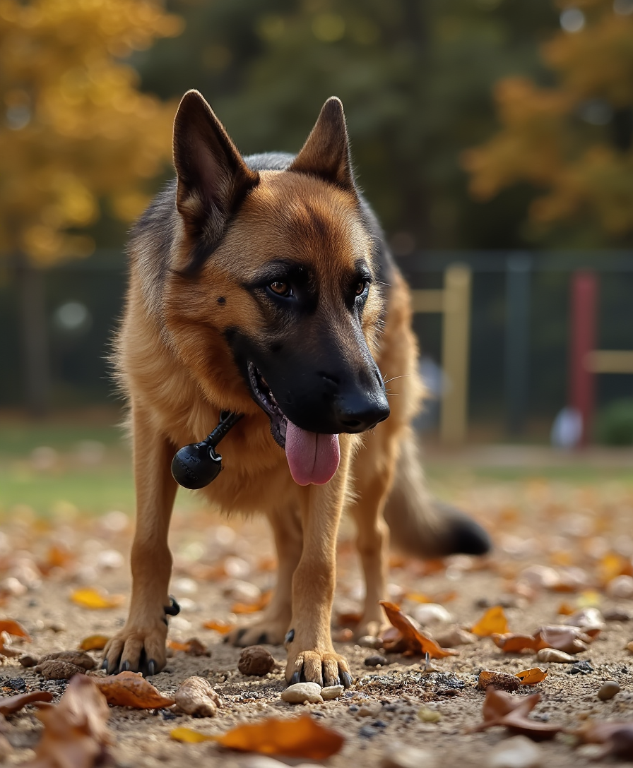 **Prompt for AI Image Generation:**

- **Subject:** A majestic CIRCESHEPHERD dog, poised with confidence and strength, showcasing the essence of Schutzhund/IPO training.
- **Activity:** The dog is mid-performance in an obedience trial, showcasing impeccable discipline, perhaps with a Schutzhund dumbbell in its mouth or standing alert at the heel of its handler.
- **Location:** An outdoor training field, the kind used for Schutzhund trials, with obstacles or equipment subtly in the background to suggest the sport's challenges.
- **Lighting:** Late afternoon, golden hour lighting casts long shadows and highlights the dog's muscular form and intense focus, creating a dramatic and heroic atmosphere.
- **Colors:** The dog's coat displays a rich, deep black and tan, with the tan parts glowing in the sunlight, while the environment reflects autumnal hues with browns, yellows, and greens.
- **Mood:** The atmosphere is one of intensity and pride; the dog exudes determination and nobility, as if it's in the midst of winning a prestigious title.
- **Camera Angle:** A low angle shot to emphasize the dog's stature and power, making the viewer feel as though they are looking up to this canine athlete.
- **Focus:** The dog's face is in sharp focus, capturing its alert eyes and the tension in its muscles, with the background slightly blurred to draw attention to the star of the scene.
- **Style:** Inspired by sports photography, capturing motion and athletic prowess, with a touch of portraiture to highlight the dog's character and the bond with its handler.
- **Artistic Techniques:** Use of chiaroscuro for dramatic lighting contrast, and selective focus to guide the viewer's eye to the most important elements of the composition.

**Generate an image that captures the spirit of a Schutzhund/IPO champion, where the dog not only performs but embodies the essence of this demanding canine triathlon.**