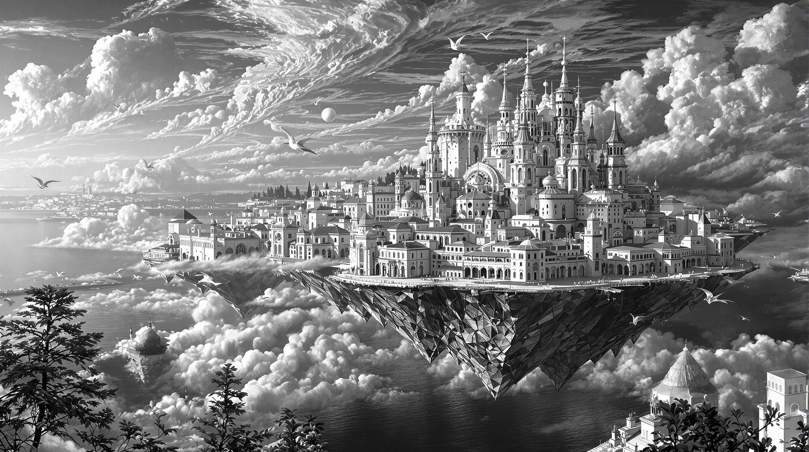 a black and white hyper realistic photo of The Floating City of Lisbon
At the zenith of the Portuguese Empire, King Sebastian I, known for his youthful exuberance and prophetic visions, decided that Lisbon should not merely rest on land but should float above it, showcasing the might and magic of Portugal. With the help of a secretive guild of alchemists and sea witches, the entire city was lifted into the sky by giant, enchanted barnacles. These barnacles, grown in the depths of the Atlantic, were said to draw their sustenance from the sun and moon, causing Lisbon to bob rhythmically between day and night. 

The city's new floating state was not without its quirks; the streets were now lined with clouds rather than cobblestones, and the markets sold not just fish but also feathered fish that could fly through the city's new sky-roads. The royal palace was rebuilt with crystal spires that reflected the celestial bodies, turning night into a kaleidoscope of light. During festivals, the citizens would ride giant, domesticated seagulls, racing through the clouds, while below, the common folk would navigate the city's new verticality via ropes and wind-powered elevators.