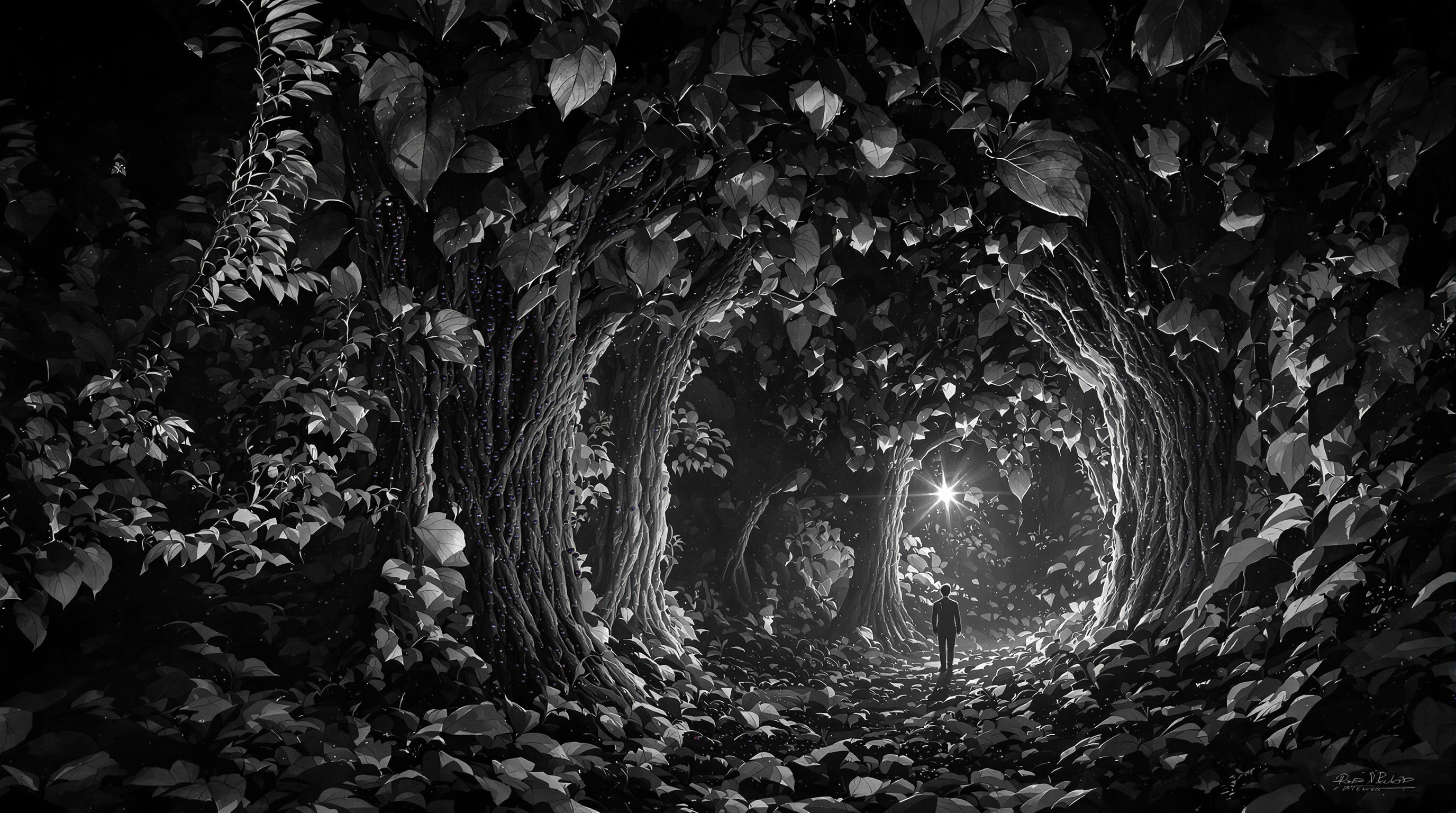 **Image Prompt:**

A hyper-realistic, black and white photograph depicting an ethereal jungle scene where trees bear fruits of imagination. Here, Captain Tomé de Sousa stands in awe amidst:

- **Visual Details:** The jungle is dense with lush, oversized leaves, each intricately detailed with veins and textures that hint at their magical properties. The "Spice Trees" have branches laden with fruits of various shapes and sizes, some resembling red peppers, others like blue berries. Each fruit is depicted with realistic texture, from the glossy surface of the peppers to the matte, velvety appearance of the berries. The ground is covered with a carpet of fallen leaves, some whispering secrets, others emitting a faint glow.

- **Style:** The image should mimic the depth and contrast of a vintage black and white photograph, with high-resolution details akin to Ansel Adams' work, capturing the surrealism of the scene with a touch of documentary realism.

- **Composition:** Captain Tomé de Sousa is positioned in the foreground, his expression one of wonder and curiosity. The camera angle is slightly low, looking up towards the towering trees, emphasizing their majesty and the overwhelming presence of the jungle. The trees form a natural archway, framing him and leading the viewer's eye deeper into the forest.

- **Mood and Atmosphere:** The scene is set at dusk, with light filtering through the leaves, creating a soft, ethereal glow. The mood is one of enchantment mixed with a hint of caution, as the jungle's sentience is palpable. A gentle breeze seems to rustle the leaves, and the air is thick with the anticipation of the forest's whispers.

- **Technical Aspects:** Utilize chiaroscuro lighting to enhance the drama and depth, with shadows playing across the scene to give it a three-dimensional quality. The focus should be sharp, allowing for intricate details to be visible, yet with a slight softening around the edges to blend reality with the surreal.

- **Cohesion:** The scene is both a testament to the beauty of nature and a nod to the magical realism where the natural world interacts with human desires and ambitions. The trees, with their anthropomorphic qualities, seem to communicate with each other, creating an environment where the line between human and nature blurs, all captured in a timeless, monochromatic palette.