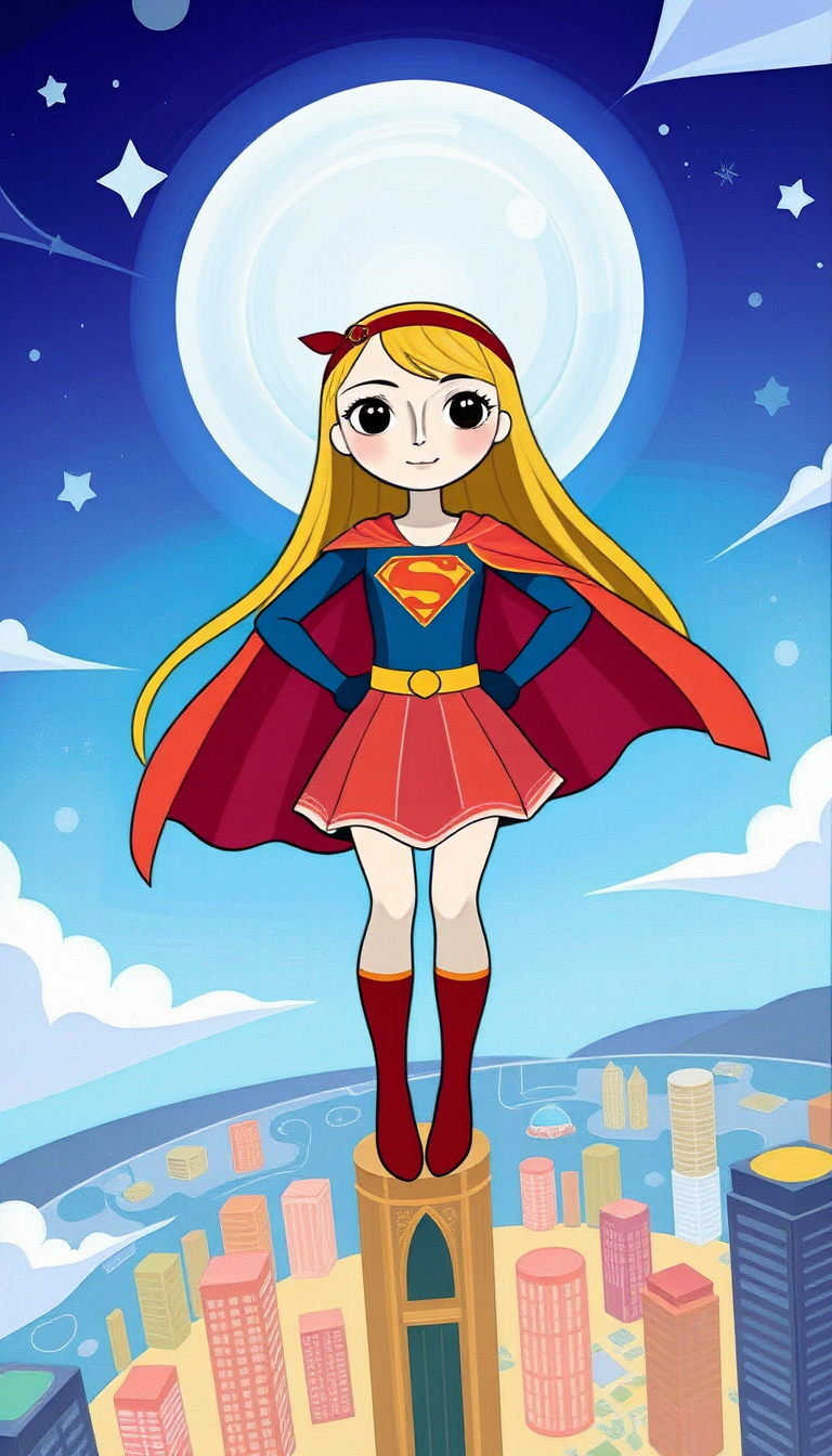 masterpiece, best quality,  1girl, supergirl, long hair, hairband, gloves cape, skirt, shirt, flying, city below, cartoon 