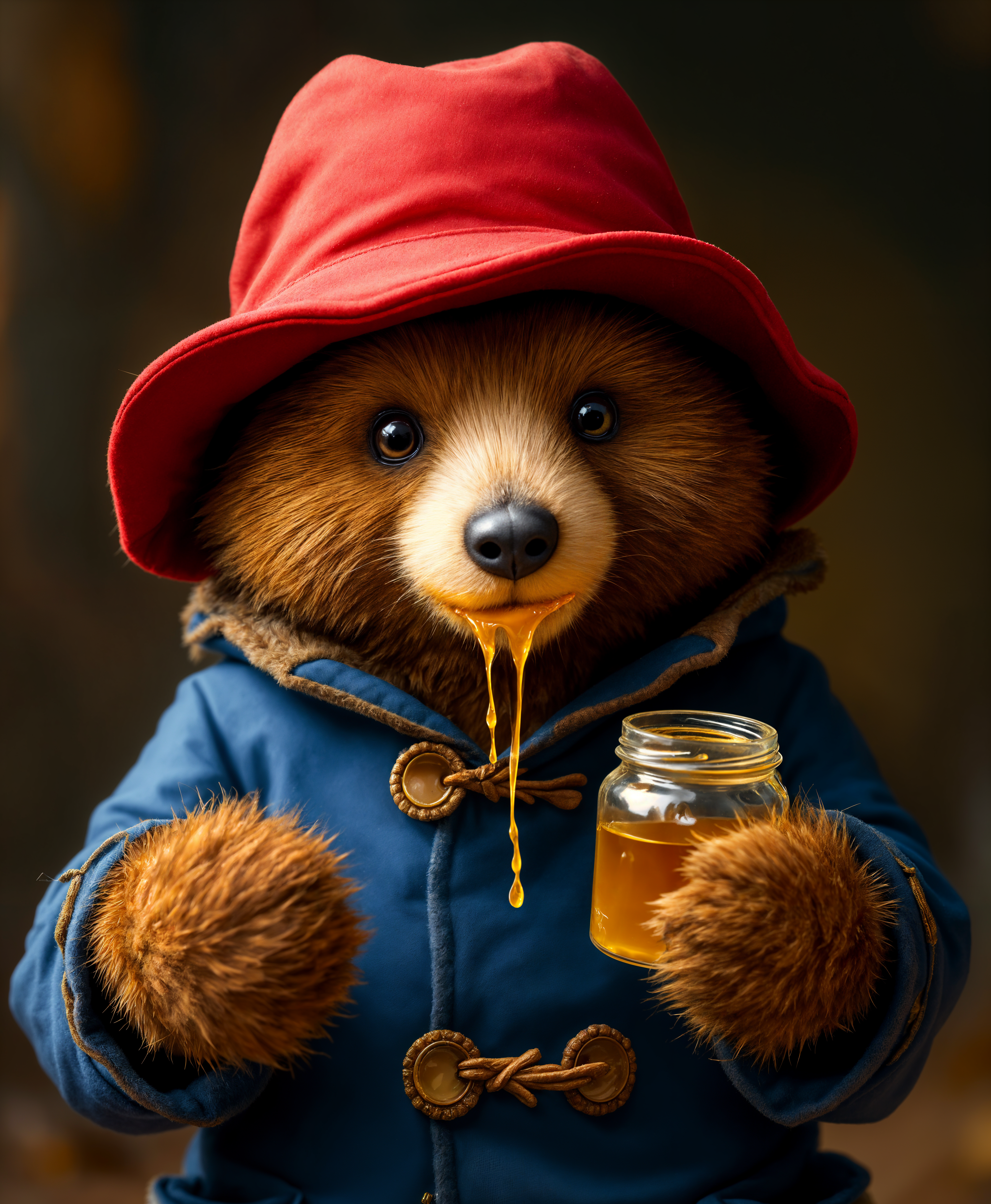 masterpiece, best quality, highres, sharp image, more detail, masterpiece, best quality, highres, sharp image, more detail, A high-quality, ultra-realistic depiction of **Paddington Bear**, a beloved anthropomorphic bear from darkest Peru, indulging in his favorite snack. Here are the details:

- **Visual Details**: Paddington's iconic blue duffel coat, red hat, and yellow wellington boots are meticulously detailed, with each fiber and texture visible. His fur is a rich, dark brown, soft and slightly matted with age, capturing the essence of a well-loved teddy bear. He is holding a jar of **honey** in his paws, with honey dripping down the side, some of it smeared around his mouth, giving a playful, endearing look. The honey itself is golden and viscous, with light refracting through it, creating a warm glow.

- **Style**: The image should evoke the whimsical charm of children's literature illustrations, yet with the sophistication of a fine art portrait. Think of a blend between the detailed, warm textures of Beatrix Potter's illustrations and the photorealistic depth of contemporary digital art.

- **Composition**: Paddington is framed in a close-up shot, his face filling most of the frame, with the jar of honey prominently in his paws. The background is soft, with a slight blur, focusing the viewer's attention on him. The camera angle is slightly below eye level, capturing Paddington's childlike innocence and the delight in his expression.

- **Mood and Atmosphere**: The scene is bathed in a soft, golden light, suggesting a late afternoon or early evening, perhaps during a cozy tea time. There's a sense of warmth, comfort, and quiet joy. The atmosphere is serene, with a touch of mischief from Paddington's sticky, honey-covered paws.

- **Technical Aspects**: Utilize a shallow depth of field to keep Paddington in sharp focus while the background gently blurs. Employ techniques like **bokeh** for the background lights to enhance the cozy, intimate setting. The lighting should highlight the texture of Paddington's fur and the reflective quality of the honey, using **rim lighting** to give his fur a three-dimensional look.

- **Cohesion**: Every element, from the detailed rendering of Paddington's attire to the playful interaction with the honey, should work together to portray a moment of pure, innocent enjoyment, encapsulating the spirit of Paddington Bear in a single, charming snapshot.