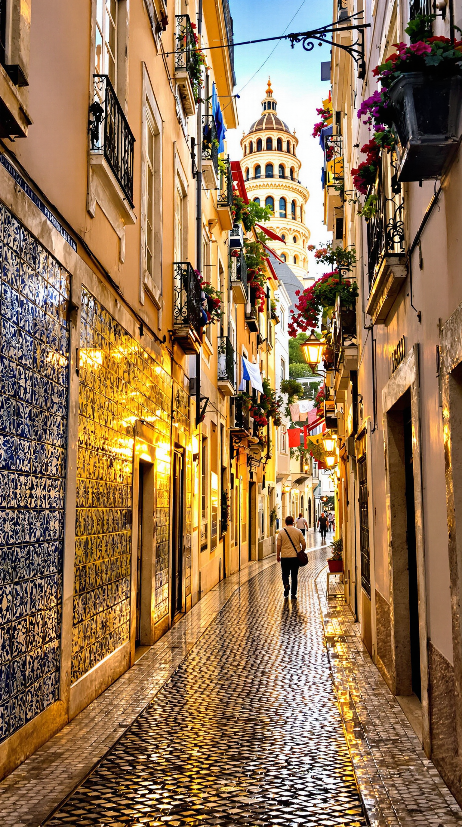 Capture a **photograph** of an **enchanting alley** in Lisbon's **Chiado neighborhood**:

- **Location**: Set in the heart of Chiado, where narrow, cobblestone streets are lined with traditional Portuguese tiles, pastel-colored buildings, and wrought-iron balconies.
- **Mood and Atmosphere**: The atmosphere is serene yet vibrant, with the golden hour light casting long shadows and highlighting the textures of the walls. The air is filled with the distant sounds of fado music and the scent of coffee from nearby cafes.
- **Visual Details**: 
  - The alley is adorned with intricate azulejos (tilework) in shades of blue, white, and yellow, showcasing traditional motifs.
  - Small, colorful laundry lines stretch between buildings, adding a lived-in feel.
  - Potted plants like geraniums and bougainvillea spill over balconies, contributing to the charm.
  - The cobblestones are worn, reflecting years of foot traffic, and are slightly wet from a recent drizzle, enhancing the reflective quality of the scene.
- **Lighting**: Utilize the soft, warm light of the late afternoon, with the sun setting behind one of the buildings, creating dramatic contrasts and a glow on the facades.
- **Composition**: 
  - The alley curves gently, leading the eye through the image to a focal point where a local might be seen walking or leaning against a wall.
  - Framing includes a view through an archway or a partial glimpse of the iconic Elevador de Santa Justa in the background.
  - The camera angle is slightly elevated, capturing the depth of the alley and emphasizing the verticality of the buildings.
- **Artistic Style**: Emulate the feel of a **cinematic still**, with a focus on depth of field to blur out the distant end of the alley, creating a sense of mystery and inviting exploration.
- **Technical Aspects**: 
  - Use a **35mm lens** for a natural perspective, with a **wide aperture** (f/2.8) to ensure the foreground details are sharp while the background is softly blurred.
  - Implement **HDR photography** to capture the dynamic range of light and shadow in the scene.
