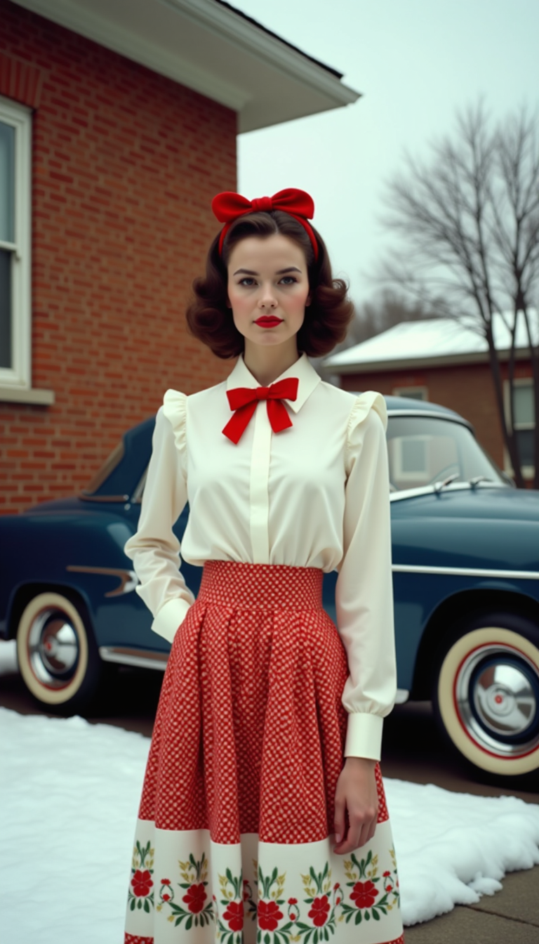 This image is a color photograph that captures a person standing in front of a brick building with a classic car parked in the background. The subject is dressed in a vintage, possibly holidaythemed outfit, which includes a white blouse with a red bow tie and a red and white patterned skirt with a white hemline decorated with a green and red floral pattern. The persons hair is styled in a neat, midlength curl, and they are wearing a red headband with a bow at the top.The art style of the photograph is realistic with a slight vintage or nostalgic feel, emphasized by the subjects retro attire and the classic car. The medium appears to be a highquality digital or film photograph, given the sharpness and clarity of the details.The colors in the image are warm and muted, with the reds and whites of the subjects clothing standing out against the cooler tones of the brick building and the blue of the car. The sky is a soft, pale blue, and the snow on the ground and roof of the building adds a touch of white to the scene.The objects in the image include the brick building, which has a traditional architectural style with a pitched roof and a window with shutters. The car is a classic model with a dark blue paint job and chrome detailing, and it has a prominent chrome hubcap on the front wheel. The snowcovered ground and the bare trees in the background contribute to the wintry atmosphere of the scene.