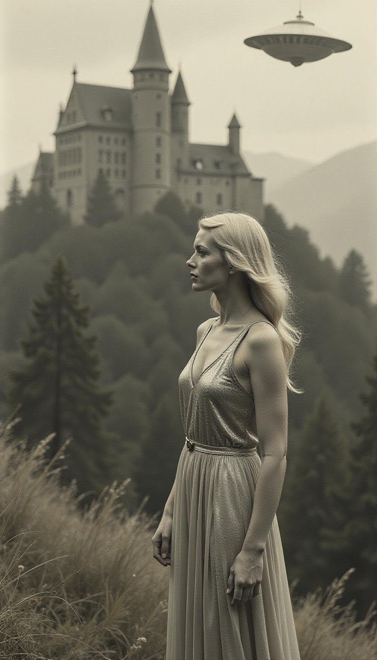 1920s photo, blonde girl, silver dress, flying saucer,  german castle