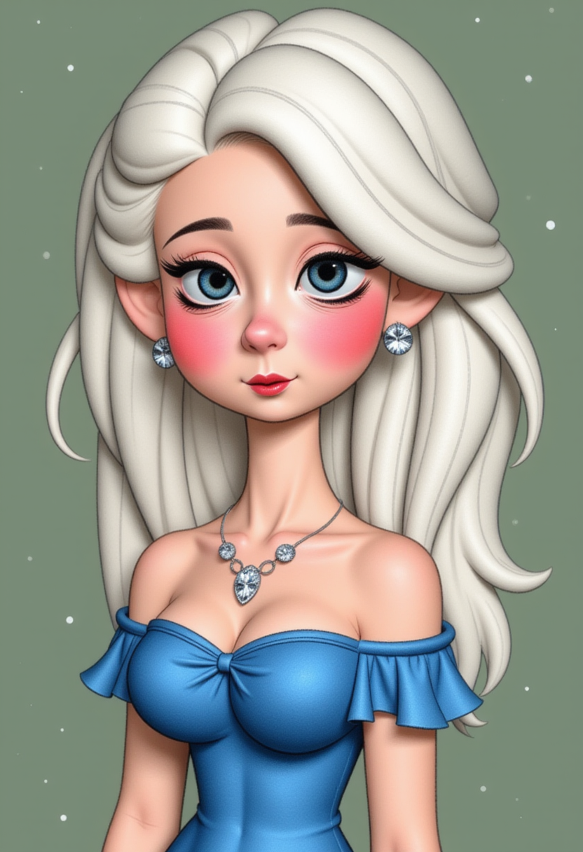 Claymation.  The subject of the illustration is a woman with a voluminous, wavy hairstyle that cascades down her back. Her hair is a striking shade of white, which contrasts sharply with her skin tone. She has a rosy complexion with a blush on her cheeks, and her eyes are a deep, rich blue with long, arched eyelashes. Her eyebrows are well-defined, with a slight arch, and her lips are painted a bold red.  She is wearing a form-fitting, strapless blue dress with a sweetheart neckline and a bow at the waist. The dress has ruffled sleeves that add a touch of elegance and suggest a sense of movement. The fabric of the dress appears to be shiny, giving it a glossy appearance. The dress is detailed with a diamond necklace and matching earrings, which are reminiscent of snowflakes, adding to the wintry or festive theme of the illustration.  The background is a muted green, which serves to highlight the subject and the details of her attire. There are subtle specks of white scattered across the background, which could be interpreted as falling snowflakes or simply a stylistic choice to add to the wintry feel of the image. 