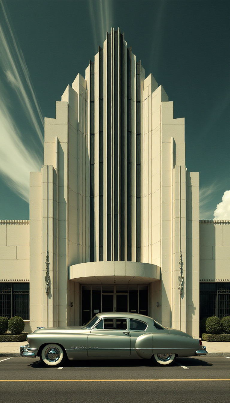 This 1950s color image captures the essence of mid20th century Art Deco architecture juxtaposed with a classic car. The medium appears to be a digital rendering or a photograph that has been processed to achieve the highcontrast, almost surreal look. The use of dynamic lines and geometric shapes in the architecture is characteristic of the Art Deco style, which was popular between the 1920s and 1930s. The style is characterized by symmetry, elegance, and a celebration of modernity.The objects in the image are a classic car and a building that exhibits Art Deco architectural elements. The car is prominently featured in the foreground, occupying a significant portion of the frame. It has a streamlined, aerodynamic design with pronounced curves and a low stance, which are hallmarks of the Art Deco eras automotive design. The cars bodywork is smooth and polished, with a metallic sheen that reflects the light, adding to the dramatic effect of the image.The building behind the car is a masterpiece of Art Deco architecture. It has a grand, sweeping arched entrance flanked by vertical fins that taper towards the top, reminiscent of stylized flames or feathers. The buildings facade is adorned with vertical lines that create a rhythmic pattern, and the overall design exudes a sense of grandeur and elegance.The dynamic streaks in the sky behind the building give the impression of rapid movement, as if the clouds are swirling around the structure. This effect is likely the result of a long exposure during the photography or digital manipulation to create a sense of motion and add to the dramatic impact of the image.Overall, the image is a celebration of the Art Deco era, combining the elegance and symmetry of its architecture with the sleek lines and design of its automotive counterparts. 