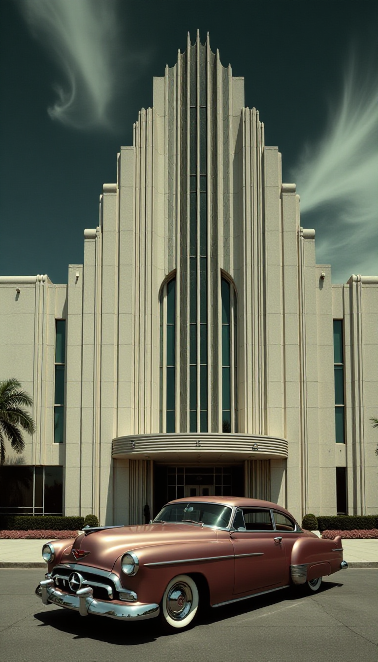 This 1950s color image captures the essence of mid20th century Art Deco architecture juxtaposed with a classic car. The medium appears to be a digital rendering or a photograph that has been processed to achieve the highcontrast, almost surreal look. The use of dynamic lines and geometric shapes in the architecture is characteristic of the Art Deco style, which was popular between the 1920s and 1930s. The style is characterized by symmetry, elegance, and a celebration of modernity.The objects in the image are a classic car and a building that exhibits Art Deco architectural elements. The car is prominently featured in the foreground, occupying a significant portion of the frame. It has a streamlined, aerodynamic design with pronounced curves and a low stance, which are hallmarks of the Art Deco eras automotive design. The cars bodywork is smooth and polished, with a metallic sheen that reflects the light, adding to the dramatic effect of the image.The building behind the car is a masterpiece of Art Deco architecture. It has a grand, sweeping arched entrance flanked by vertical fins that taper towards the top, reminiscent of stylized flames or feathers. The buildings facade is adorned with vertical lines that create a rhythmic pattern, and the overall design exudes a sense of grandeur and elegance.The dynamic streaks in the sky behind the building give the impression of rapid movement, as if the clouds are swirling around the structure. This effect is likely the result of a long exposure during the photography or digital manipulation to create a sense of motion and add to the dramatic impact of the image.Overall, the image is a celebration of the Art Deco era, combining the elegance and symmetry of its architecture with the sleek lines and design of its automotive counterparts. 