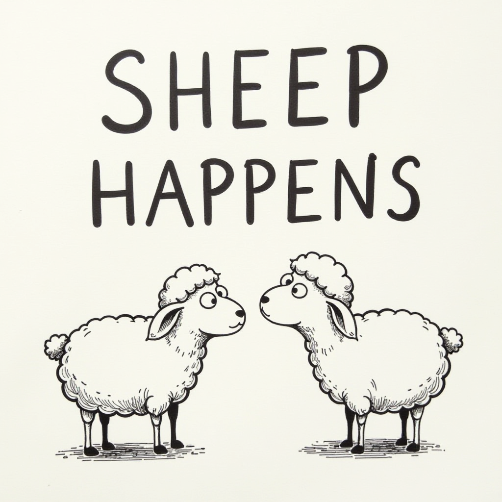 This image is a monochromatic, handdrawn illustration. The art style is whimsical and cartoonish, with a playful and humorous tone. The medium appears to be ink or a similar black drawing material, as the lines are bold and have a consistent thickness.The background of the image is a plain, lightcolored surface that contrasts sharply with the black outlines and text, which makes the drawing stand out prominently. The text in the image reads SHEEP HAPPENS, which is a play on words suggesting that sheep or silly things happen unexpectedly, akin to the phrase stuff happens.There are two sheep depicted in the image. They are drawn in a simplistic and exaggerated manner, with large eyes and a somewhat confused or surprised expression, which adds to the humor of the image. The sheep are facing away from each other, with one sheep on the left side of the text and the other on the right side. Their wool is drawn in thick, curly lines, giving them a fluffy appearance. The sheep are standing on four legs each, with their hooves drawn in a basic, stylized manner.Overall, the image is a lighthearted and amusing piece of art that uses humor and whimsy to engage the viewer. The combination of the text and the sheeps expressions creates a playful and funny visual pun.
