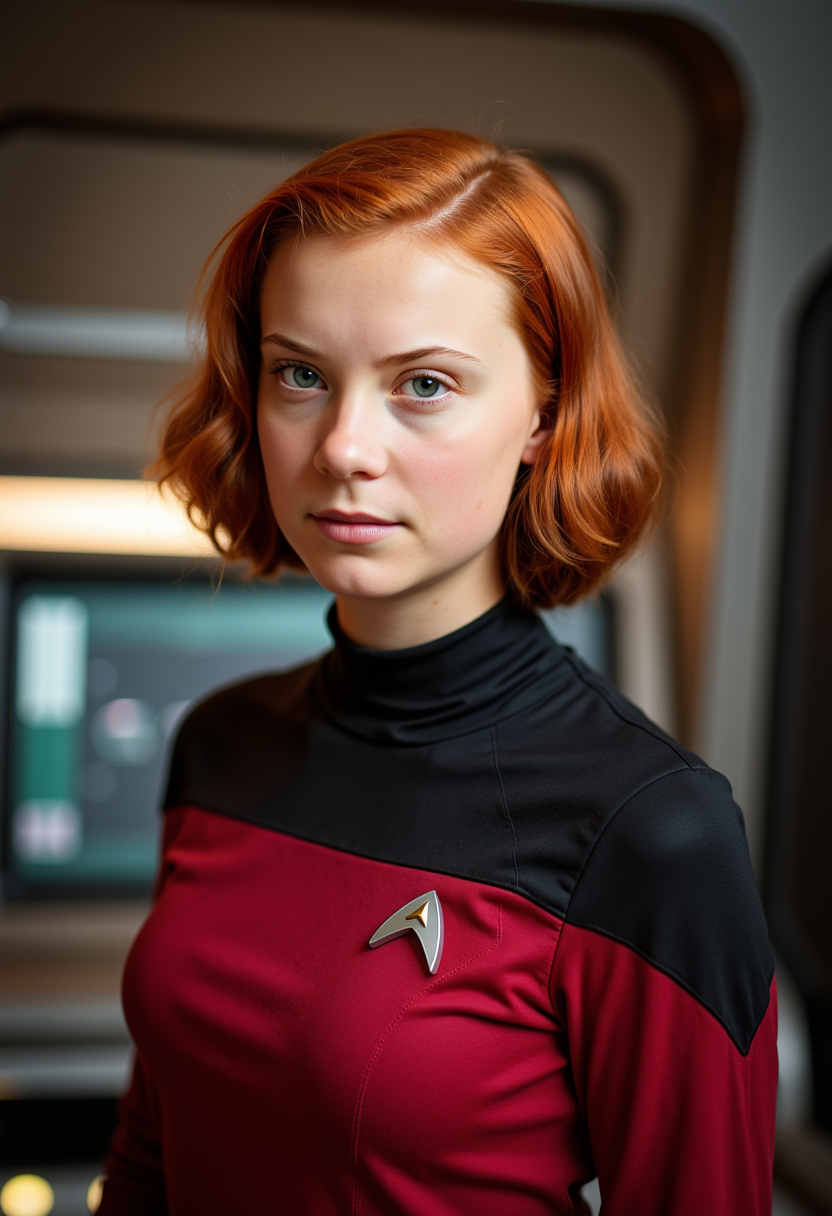 1950s girl, star trek cosplay,color photoshoot, green eyes, red hair