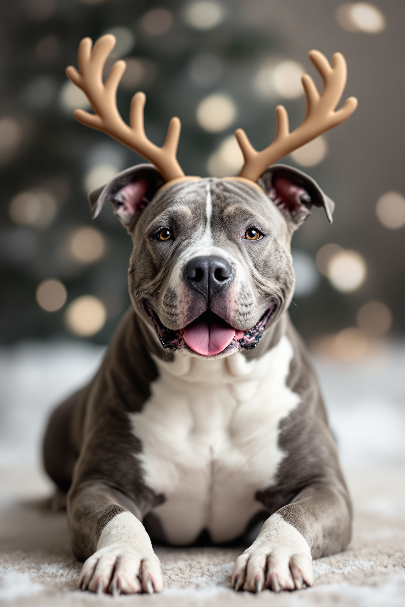 Photo-realistic cute image of a tall adult pit bull with a grey body, white feet, gray and white face with a black nose sitting on the floor wearing reindeer antlers, he looks very happy and playful.  Background should be a muted winter scene with bokeh lighting.