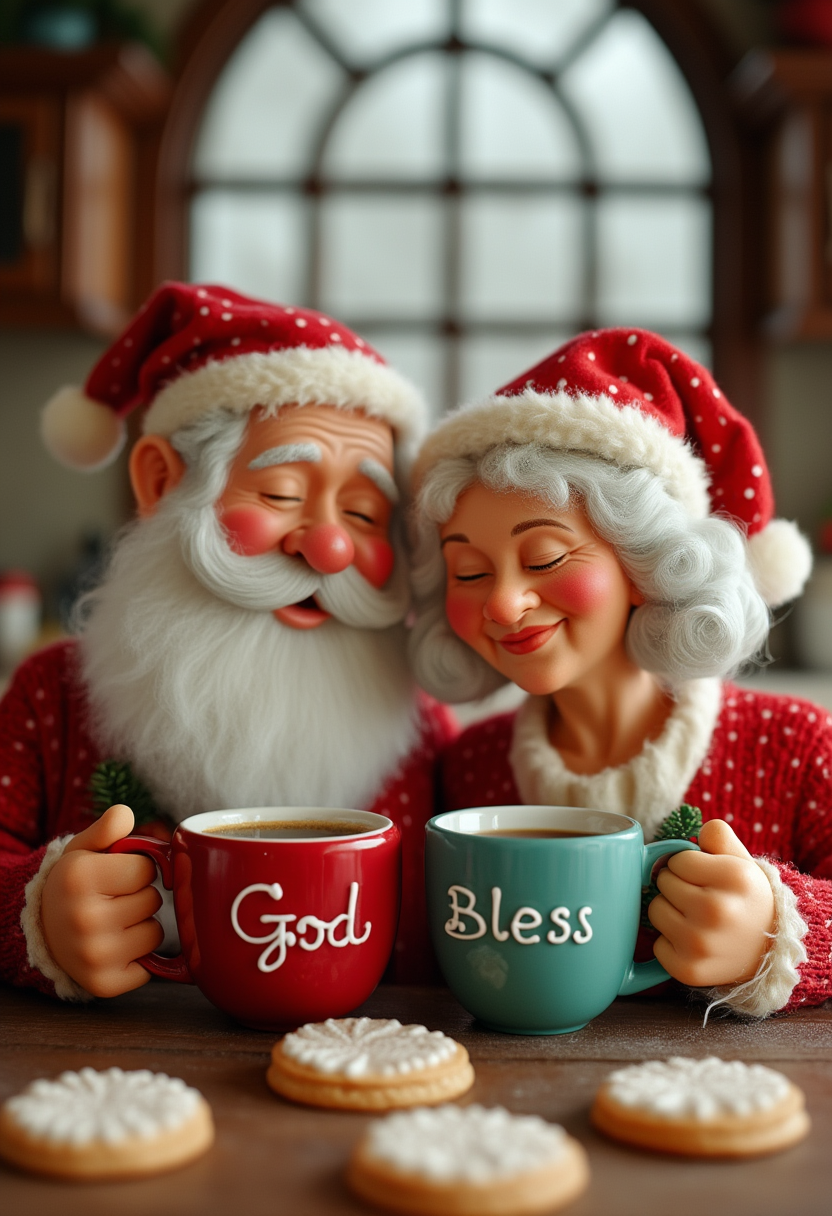 A close up pic  of Mr and Mrs Clause  sitting at the table with their heads next each other having morning coffee. Mr Clause holding a red cup and Mrs Clause a teal cup.  Some small iced cookies in the front of the table Words on the cup "God Bless" Background gridded kitchen with arch grid window .