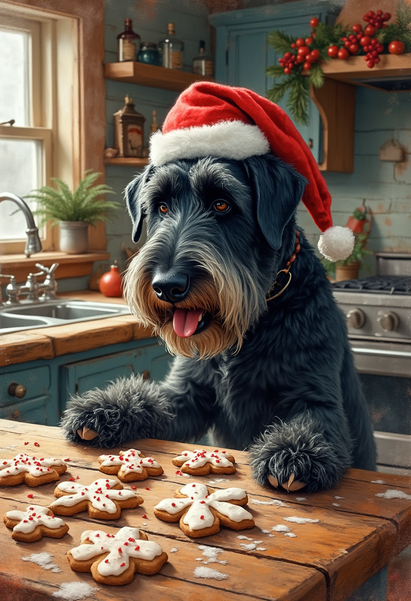 A watercolor splash painting of an old rustic kitchen with holiday trim, with his feet on the counter is a black giant schnauzer wearing a Santa hat stealing sugar cookies off the counter, the decorated sugar cookies on the table has dog bites taken out of cookies. grunge, festive holiday. hyper realistic, hyper detail, photorealistic