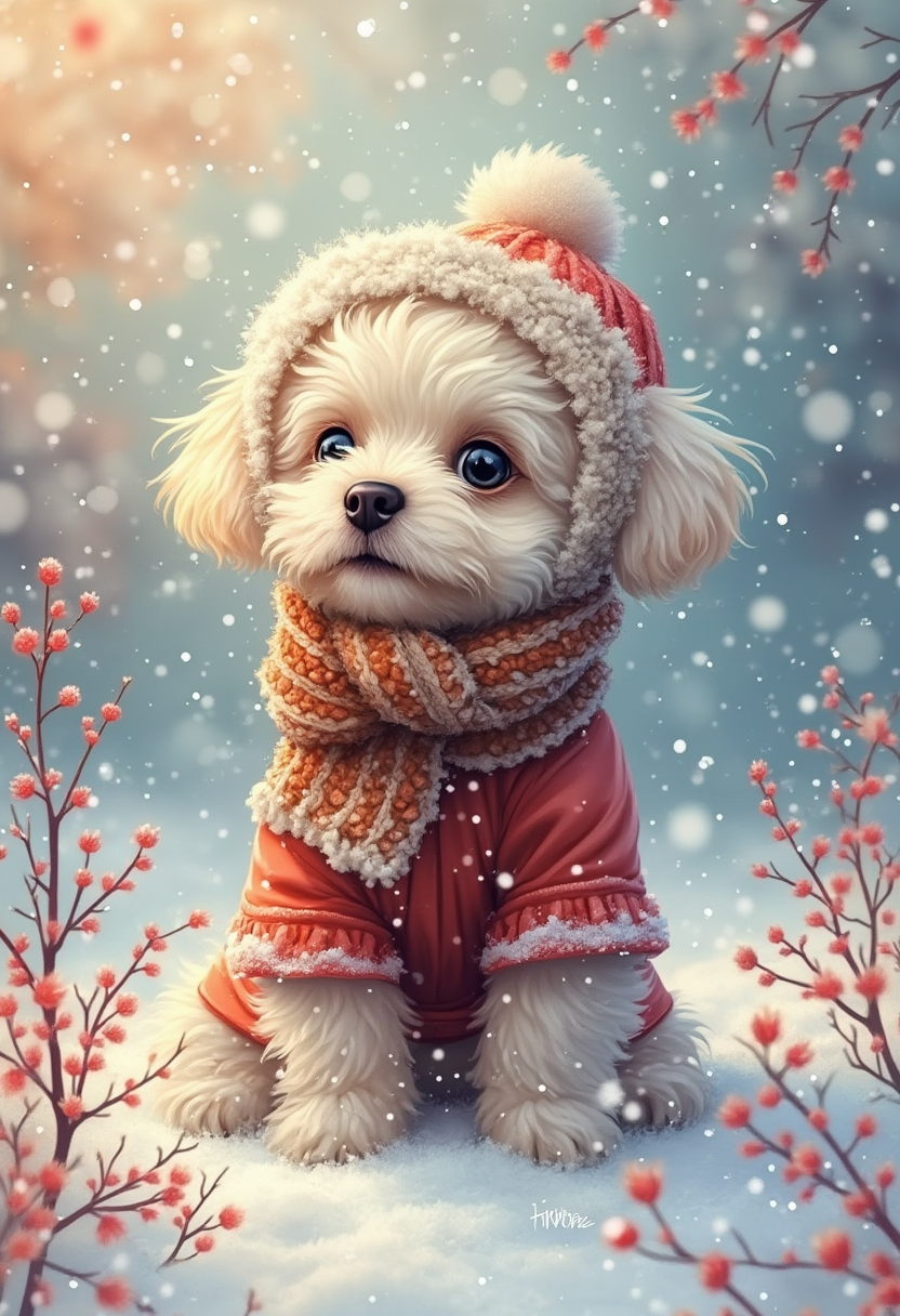 Create a cute little Bichon puppy dressed up for winter, wearing scarf hat, pants, coat sitting in the snow, head held high with a happy expression, watches the snowflakes fall, background is a fusion of pastel colors with a soft bokeh effect, and sprigs of red and white flowers, Fantasy illustration, airbrush, acrylic, fine details of puppy fur, tonic and harmonious colors, magical and Whimsical Atmosphere. BG.