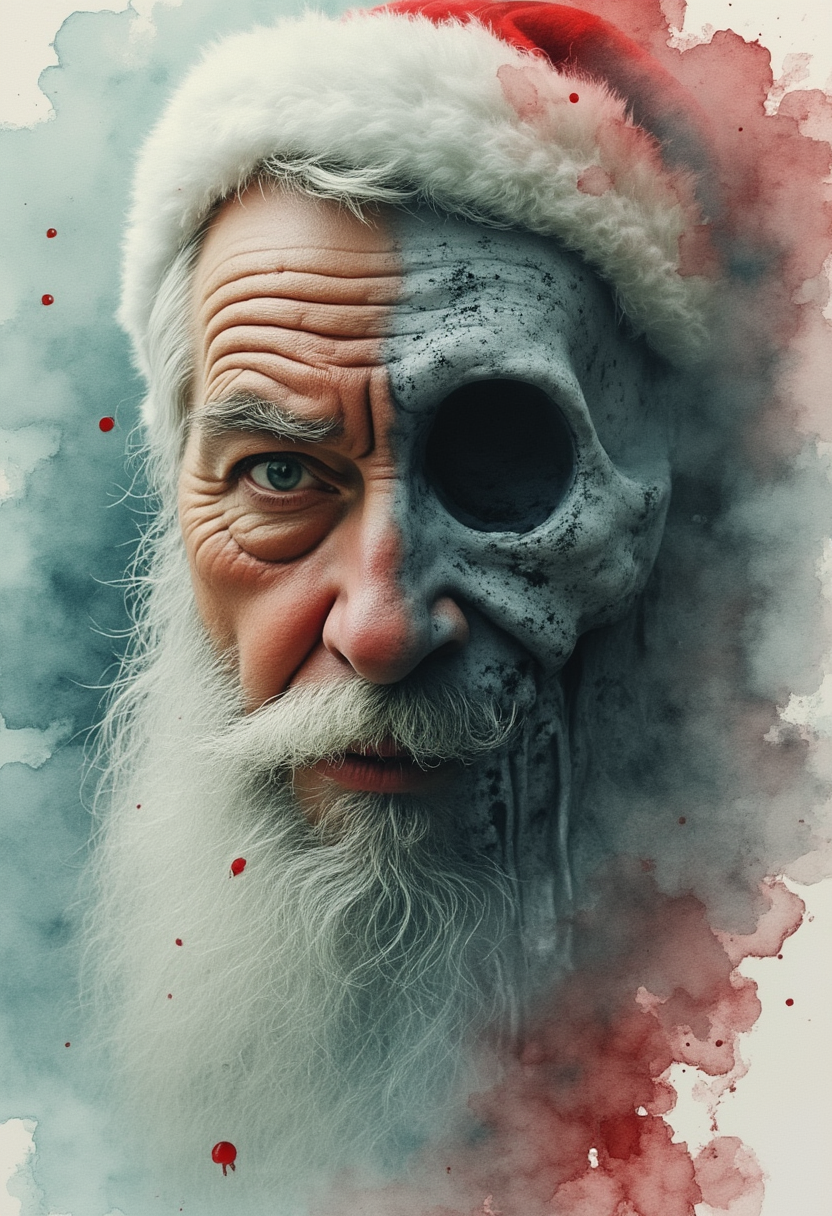 double exposure. watercolor portrait realistic
macabre santa vs. santa facing viewer
