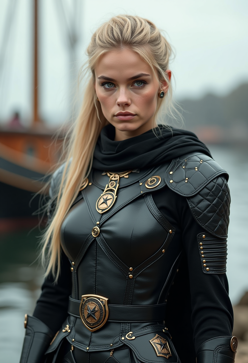 Present a photorealistic image of a warrior nordic wild young woman as a fantasy female character portrait with future art. Capture her wild cat eyes and complex cyber leather light armor with inspiration from future cyberworld and medieval, full body view, blonde hair model pose, flawless make-up, poster and black colour palette, fashion photography, high resolution, viking boat moored at the wharf in the background, Focus on the elegance of her features and the richness of her armored outfit. Highlight her fierce demeanor and the splendor of her intricate armor design in the image, Emphasize the elegance and power in her stance, capturing intricate details in her attire.