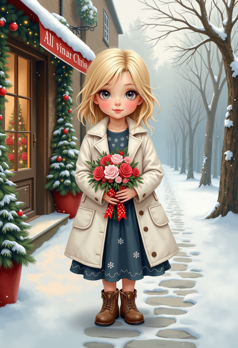 acrylic, oil, Thomas Kincaid’s style, a girl with blonde messy hair, gray eyes, dark gray dress with snowflakes, white color coat she is holding a bouquet of flowers with ribbons tiny hearts, she’s standing in front of a beautiful Christmas decorated country floral shop on a stone Path Road, watercolor background, textured, airbrushed, ultra detailed BG