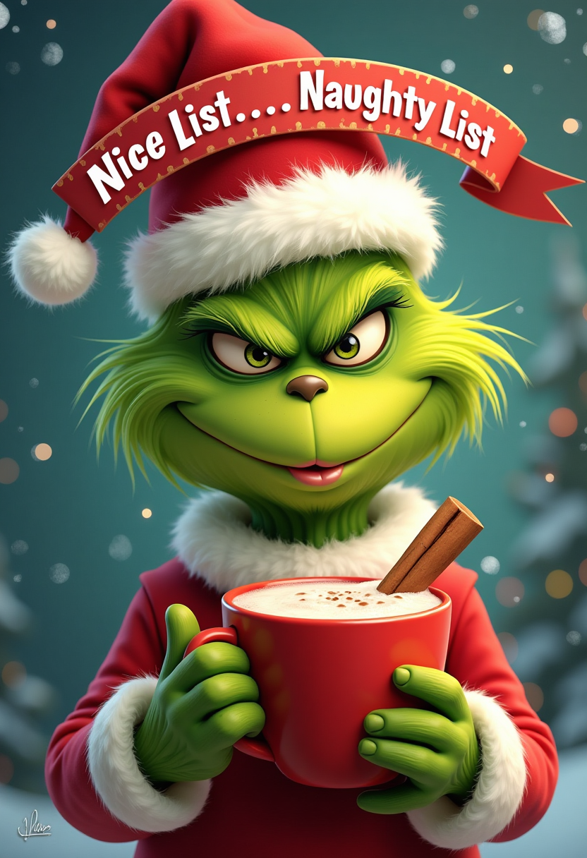 A cute grinch smirking  hyper realistic  holding a foaming hot chocolate with a cinnamon stick in it. A banner above his head has the words “Nice List..Naughty List….I belong on the spicy list!” In grinch whimsical lettering