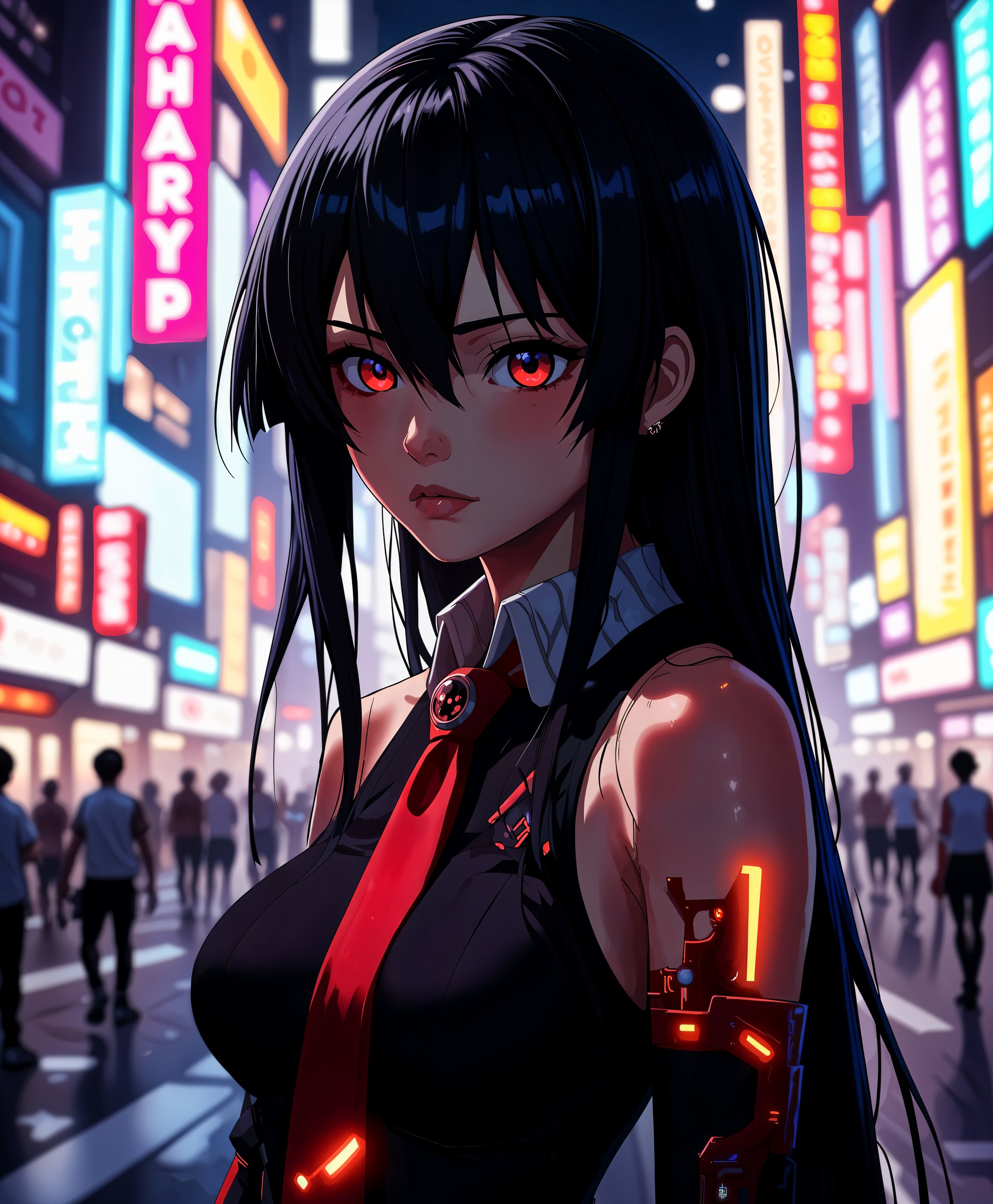 masterpiece, best quality, highres, sharp image, more detail <lora:more_details:0.5> <lora:SDXLrender_v2.0:1>, anime, anime, a photo of Akame, midjourney, 
A hyper-realistic portrait of Akame from "Akame ga Kill," standing in a cyberpunk cityscape. The scene is bathed in the vibrant glow of neon signs, casting a kaleidoscope of colors across her face and attire. **Visual Details**: Akame's eyes are sharp and reflective, capturing the neon lights; her skin has a subtle sheen, suggesting the humidity of the city. Her traditional assassin outfit is juxtaposed with futuristic elements like light-up cybernetic enhancements on her arms and neck. **Style**: Employ a blend of photorealism with a touch of cyberpunk anime aesthetics, reminiscent of the detailed character designs in "Blade Runner 2049." **Composition**: Akame is positioned slightly off-center, her gaze directed towards something off-frame, creating intrigue. The camera angle is low, looking up to emphasize her dominance in this urban jungle. **Mood and Atmosphere**: The atmosphere is electric, filled with the hum of technology and the buzz of urban life. The time is night, with the city's neon lights creating a dense, almost tangible fog of light. **Technical Aspects**: Use of depth of field to focus on Akame while the bustling city behind her blurs into a vibrant, chaotic backdrop; dynamic lighting contrasts to highlight her features against the darkness of the city. **Cohesion**: The image merges Akame's traditional assassin persona with the high-tech, neon-lit environment, creating a harmonious blend of anime and cyberpunk elements.