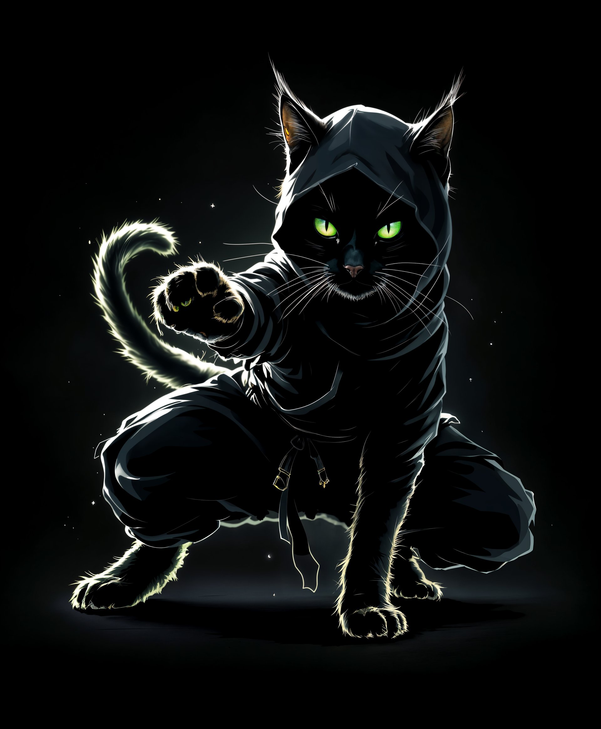 masterpiece, best quality, highres, sharp image, more detail, masterpiece, best quality, highres, sharp image, more detail, masterpiece, best quality, highres, sharp image, more detail, Create an image of a **Ninja Cat**, poised in an awe-inspiring stance:

- **Subject**: A sleek, black cat with piercing green eyes, adorned in a traditional ninja outfit, complete with a dark hood and mask, blending into the shadows.
  
- **Pose**: The cat is in mid-action, capturing its agility and grace, as if caught in the moment of a stealthy leap or an attack. Its body is low to the ground, muscles tensed, tail arched for balance, and one paw slightly lifted.

- **Style**: The image should evoke the essence of Japanese Ukiyo-e prints, with a touch of modern digital art to enhance the fluidity and dynamism of the cat's movement. Use line art to outline the ninja attire, giving it a slight ethereal glow against the darker background.

- **Lighting**: Employ a dramatic chiaroscuro effect, with stark contrasts between light and shadow, highlighting the cat's silhouette and emphasizing its mysterious aura.

- **Composition**: Position the cat slightly off-center, using the rule of thirds, with its gaze directed towards an unseen target, enhancing the tension. The background should be a blend of soft, blurred Japanese garden elements, suggesting a serene yet secretive setting.

- **Atmosphere**: Capture the essence of a moonlit night, with the soft glow of lanterns casting long shadows, creating an atmosphere of mystery, stealth, and the silent dance of a ninja in action.

- **Mood**: Convey a sense of anticipation and prowess, with the cat's expression exuding confidence and readiness for any challenge.

- **Technical Aspects**: Utilize soft focus on the background to ensure the ninja cat remains the focal point, with shallow depth of field. Implement a high dynamic range to capture the detailed textures of the ninja outfit and the cat's fur, enhancing the realism of the scene.