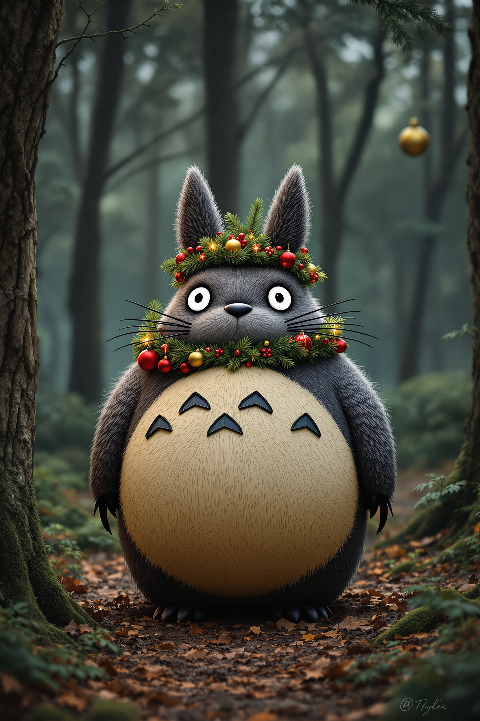 totoro, in the woods, decorated like a christmas tree