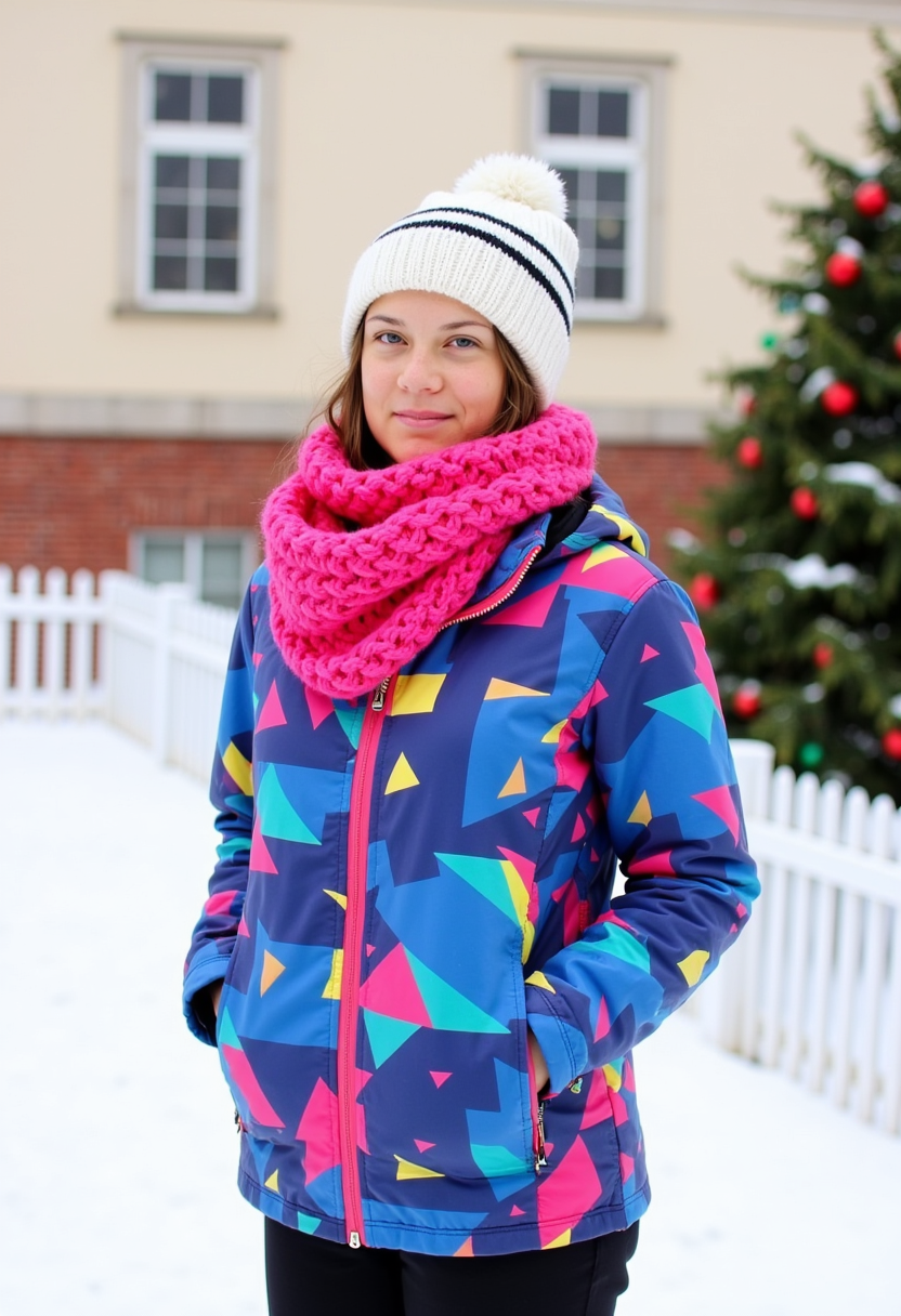 This image captures a winter scene with a focus on a person standing in the foreground. The subject is wearing a vibrant jacket with a dynamic geometric pattern in shades of blue, pink, and yellow. The jacket has a high collar and a zippered front, with the zipper running down the center. The person is also wearing a cozy, chunky knit scarf in a bright pink hue, which adds a pop of color to the ensemble.The subject is topped off with a white beanie hat featuring a black stripe along the rim, which provides a classic winter accessory touch. The person is standing with their hands in the pockets of their jacket, which gives off a relaxed and casual vibe.In the background, there is a Christmas tree adorned with red and green baubles, suggesting that the photo was taken during the holiday season. The tree is partially obscured by a white fence, which adds a sense of depth to the scene. Behind the fence, there is a building with a creamcolored facade and a red brick accent wall. The building has a flat roof and a series of evenly spaced windows.The snowcovered ground and the presence of the Christmas tree contribute to the wintry and festive atmosphere of the image. The overall art style of the photo is realistic, capturing the details of the subject and the surrounding environment with clarity. The medium appears to be a digital photograph, given the sharpness and clarity of the image.The colors in the image are bright and cheerful, with the pink scarf and jacket providing a warm contrast to the cool tones of the snow and the building. The red and green baubles on the Christmas tree add a traditional holiday color scheme, while the white of the snow and the cream of the building create a soft, wintry palette.