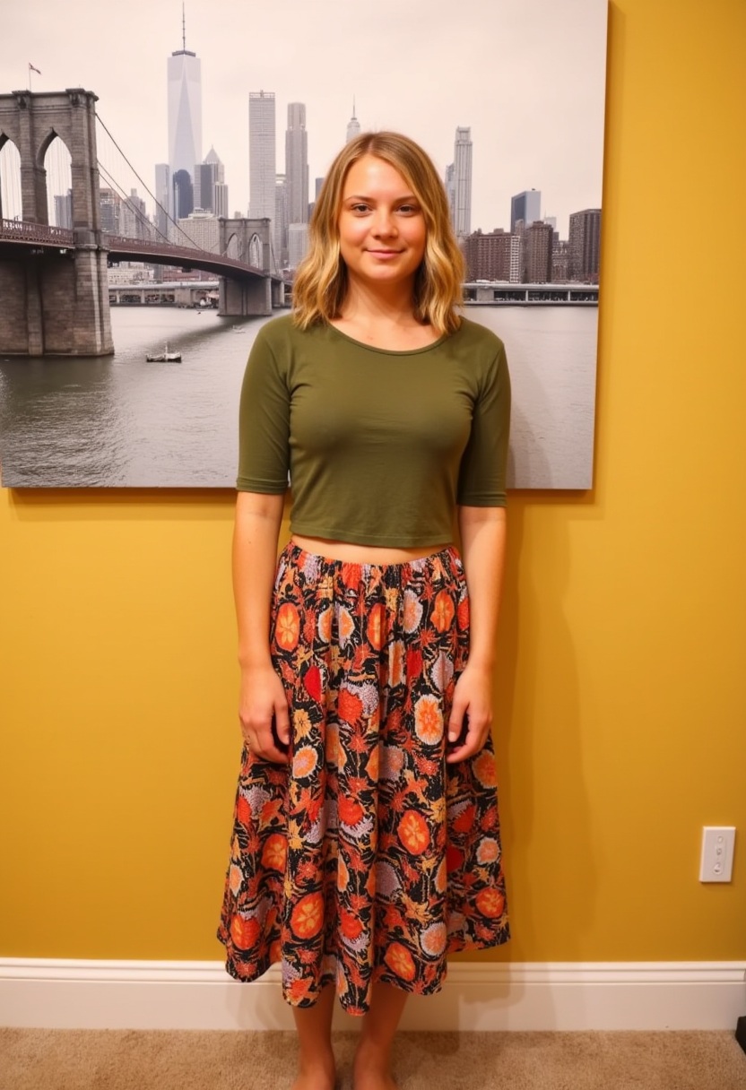 This image features a person standing in front of a wall with a monochromatic cityscape painting. The painting depicts a bridge over a body of water, with buildings in the background, suggesting an urban setting. The wall is a warm, mustard yellow, providing a contrast to the cool tones of the painting.The person is wearing a fitted olive green crop top with short sleeves and a scoop neckline. The crop top fits snugly around the torso, emphasizing the midriff. The person is also wearing a flowing skirt that falls to midcalf length. The skirt is patterned with a mix of floral and geometric shapes in a warm color palette of red, orange, black, and white. The skirt has a gathered waist with a drawstring, giving it a loose and airy fit.The persons hair is styled in soft waves, cascading down their shoulders and back. The hair color is a light blonde with hints of golden tones.The carpet on the floor is a neutral beige, complementing the warm tones of the wall and the skirt