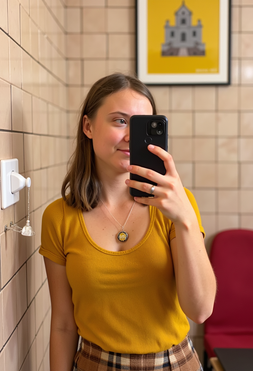 The image shows a person taking a selfie in a room with tiled walls. The person is wearing a mustard yellow, ribbed, scoopneck top with short sleeves. They are also wearing a plaid skirt with a brown and beige pattern. Around their neck is a pendant necklace with a white and gold design.In the background, there is a white switch plate on the wall, and a small, clear plastic item, possibly a bottle cap, is hanging from the switch plate. There is a visible part of a red object, which seems to be a chair or a cushion, against the wall. On the wall, there is a framed picture with a yellow background and a building depicted in the center. The room has a warm, domestic feel.