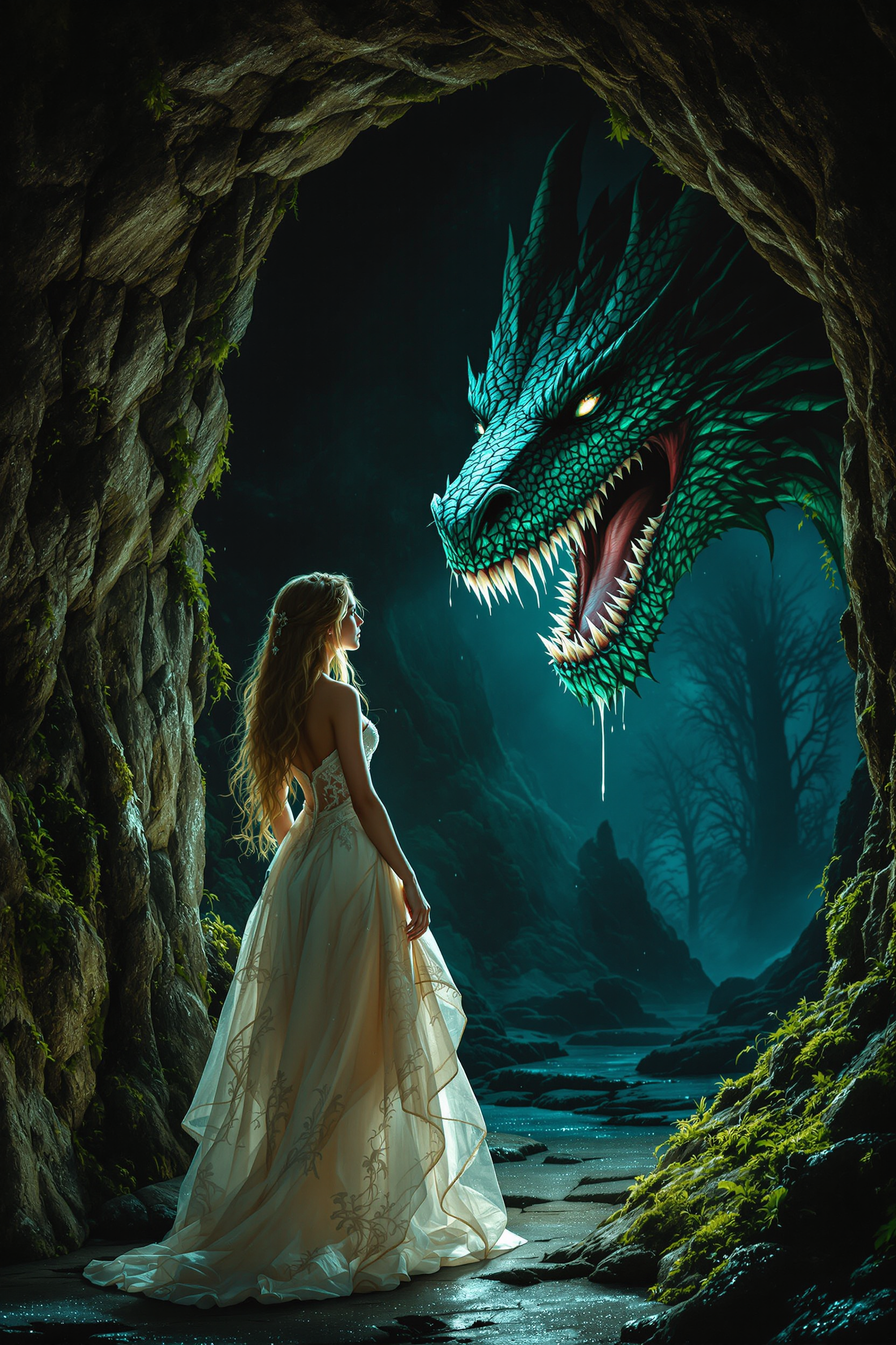 A fairytale princess, dressed in a delicate, translucent nightgown made of gossamer and adorned with fine lace, stands chained to a rugged wooden post just outside the entrance of an ancient, moss-covered cave. Her radiant, golden hair cascades down her back, and her eyes glimmer with both fear and defiance. Emerging from the shadowy depths of the cave, a massive dragon's head looms into view, its scales shimmering with emerald and obsidian hues. The dragon's maw is open wide, revealing sharp, gleaming fangs from which viscous strands of saliva hang, catching the faint moonlight. The scene is bathed in eerie, bluish moonlight, casting long shadows and highlighting the damp, rocky texture of the cave entrance. In the background, a dense, enchanted forest drenched in the silvery mist of night frames the image. The atmosphere is tense and mystical, with an otherworldly glow permeating the air, suggesting an impending clash between beauty and beast. The composition captures the princess in the foreground, slightly to the left, with the dragon's imposing head on the right, creating a striking juxtaposition. The angle is slightly low, enhancing the dragon's menacing presence and the princess's fragile yet resolute stance