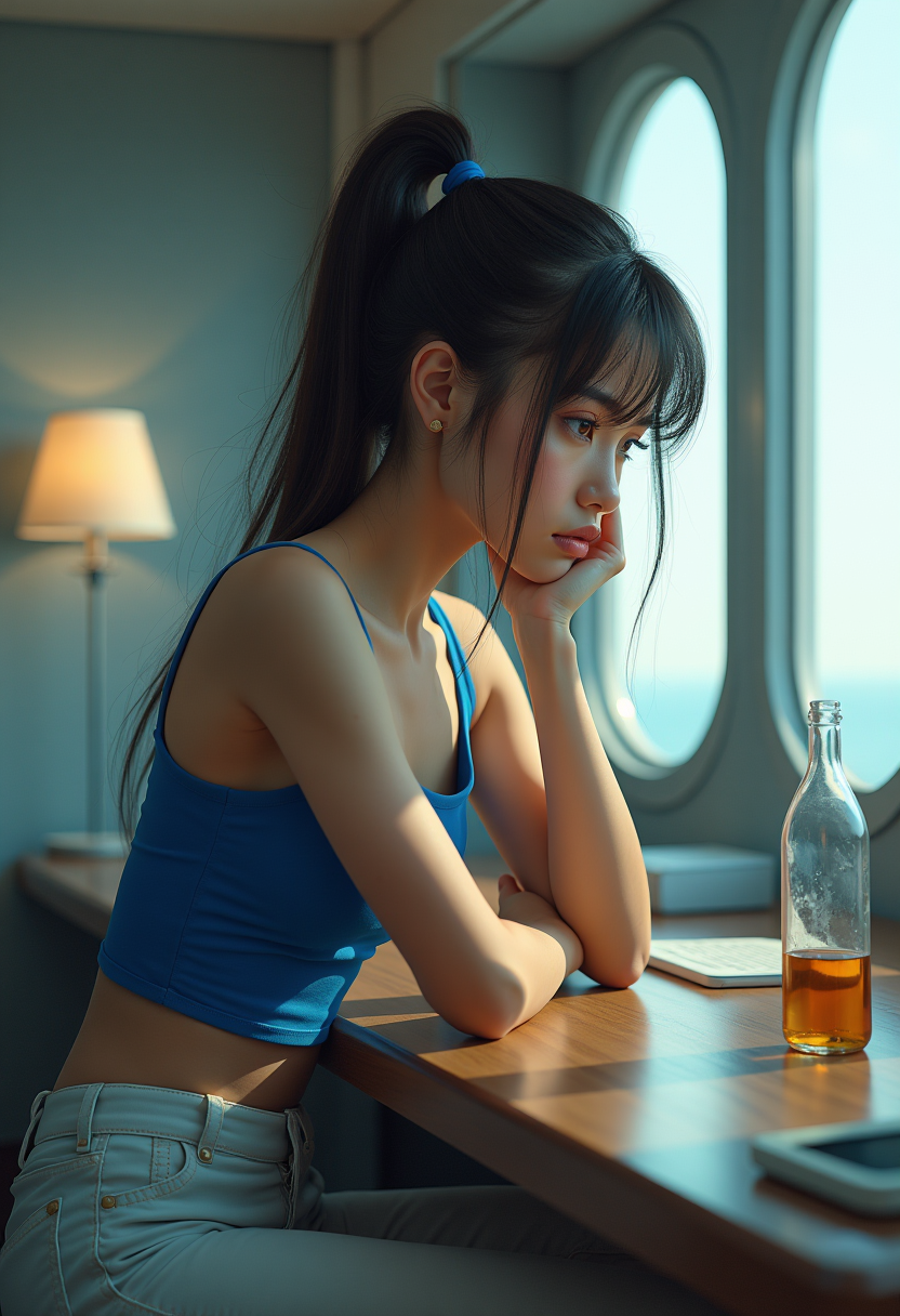 HYPER REALISTIC PICTURE, CLOSE UP OF A DARK BROWN PONYTAIL HAIR YOUNG LADY IN BLUE SINGLET AND WHITE PANTS, SITTING BEHIND DESK. SHE LAY HER CHIN ON HER HAND WHILE THE OTHER HAND HOLD A GLASS OF BORDEUX. ON THE DESK THERE A "BAYGON" BUGS-SPRAY. HER EYES WAS SAD LOOKING AT THE WINDOW, WAVERY IN TEARS. IN A SPACE SHIP ROOM WITH SIMPLE FUTURISTIC PANEL. LAMP ROOM BRIGHT. WINDOWS IS REFECTING AND SHOW OUTERSPACE