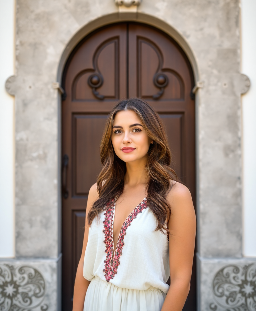 a beautiful woman standing in front of a Portuguese door
