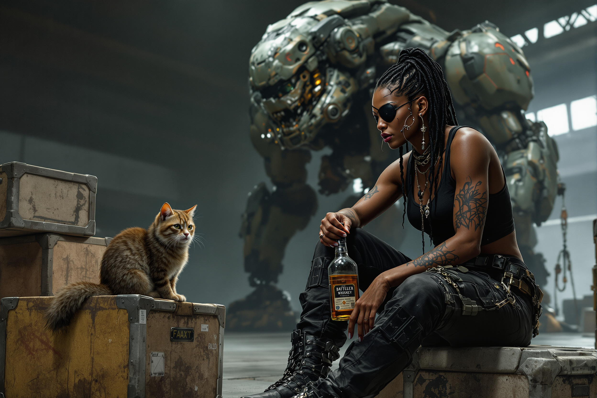 An athletic fit grim thin faced dark-skinned African woman with facial lacerations, imperfections, eyepatch, black cornrows, tattoos, piercings dressed in black tank top, weathered black leather pants, and work boots, holding a bottle of whiskey, sitting on futuristic cargo boxes, talking to a cat with cybernetic face implants, in a dimly lit hangar setting with a huge battered battlemech in the background in a scifi art painting style