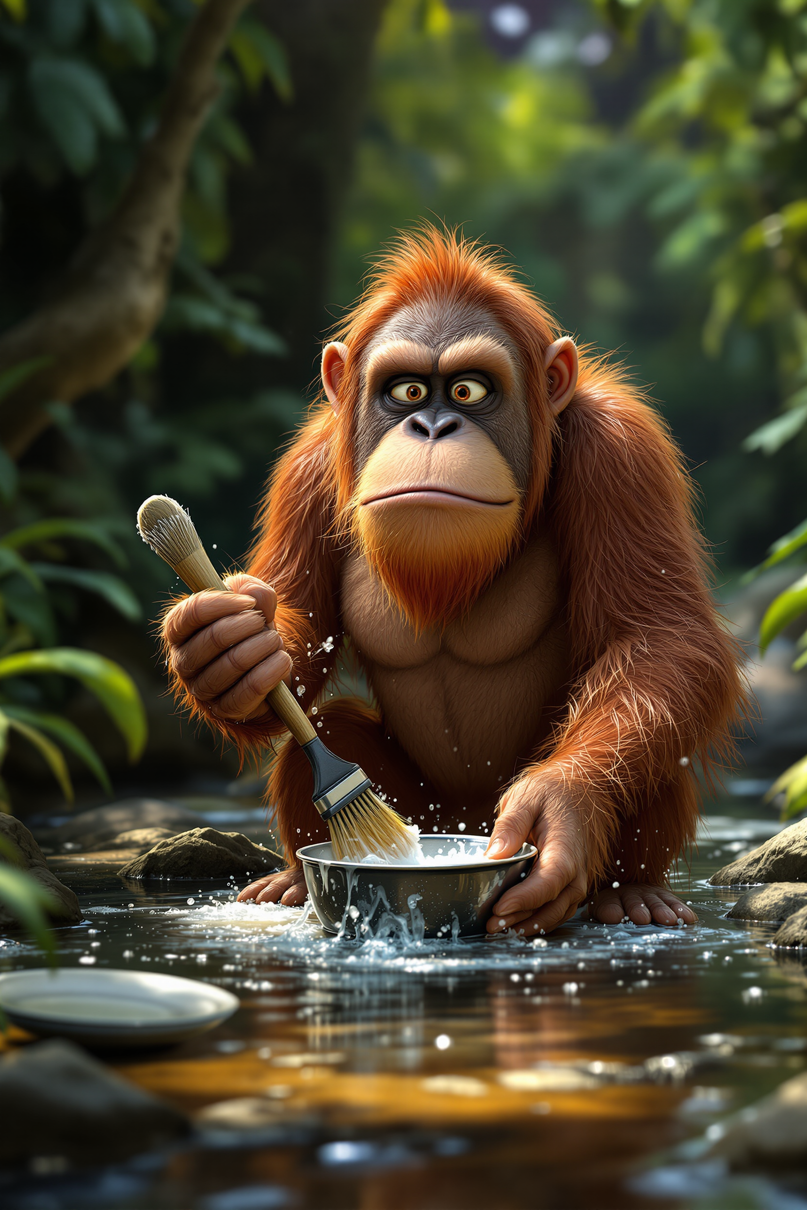 Generate me a humorous Pixar Movie image of a displeased-looking orangutan mother, who does the dishes from plates and pans by holding a dishbrush, in a stream, with soapy water. Jungle decor, with some dirty pans and plates on the edge of the creek.