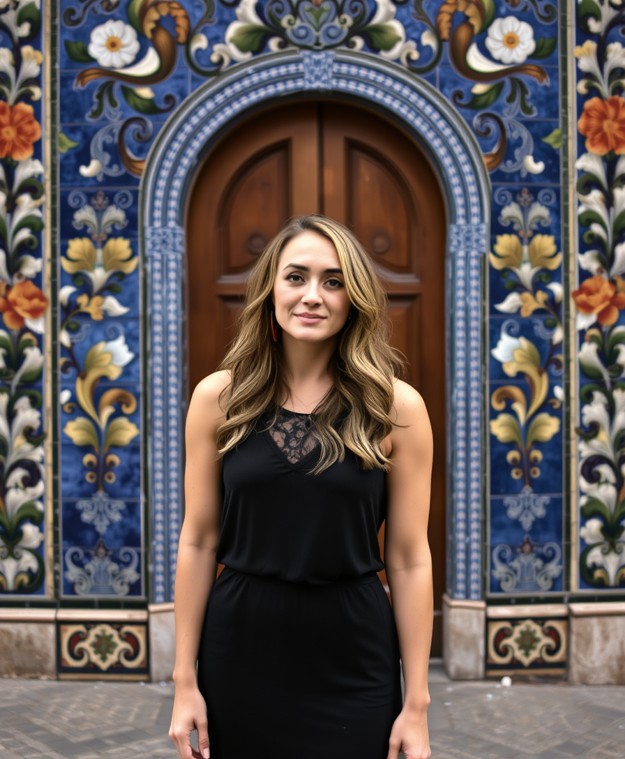 TOKALEMAP, a beautiful woman standing in front of a Portuguese door surrounded by Azulejos