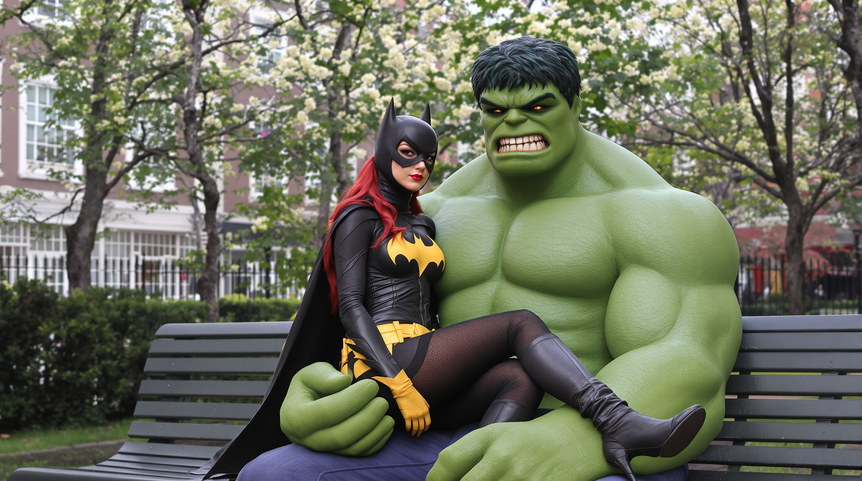 Batgirl sits on "Hulks" lap in a park in NewYork city.