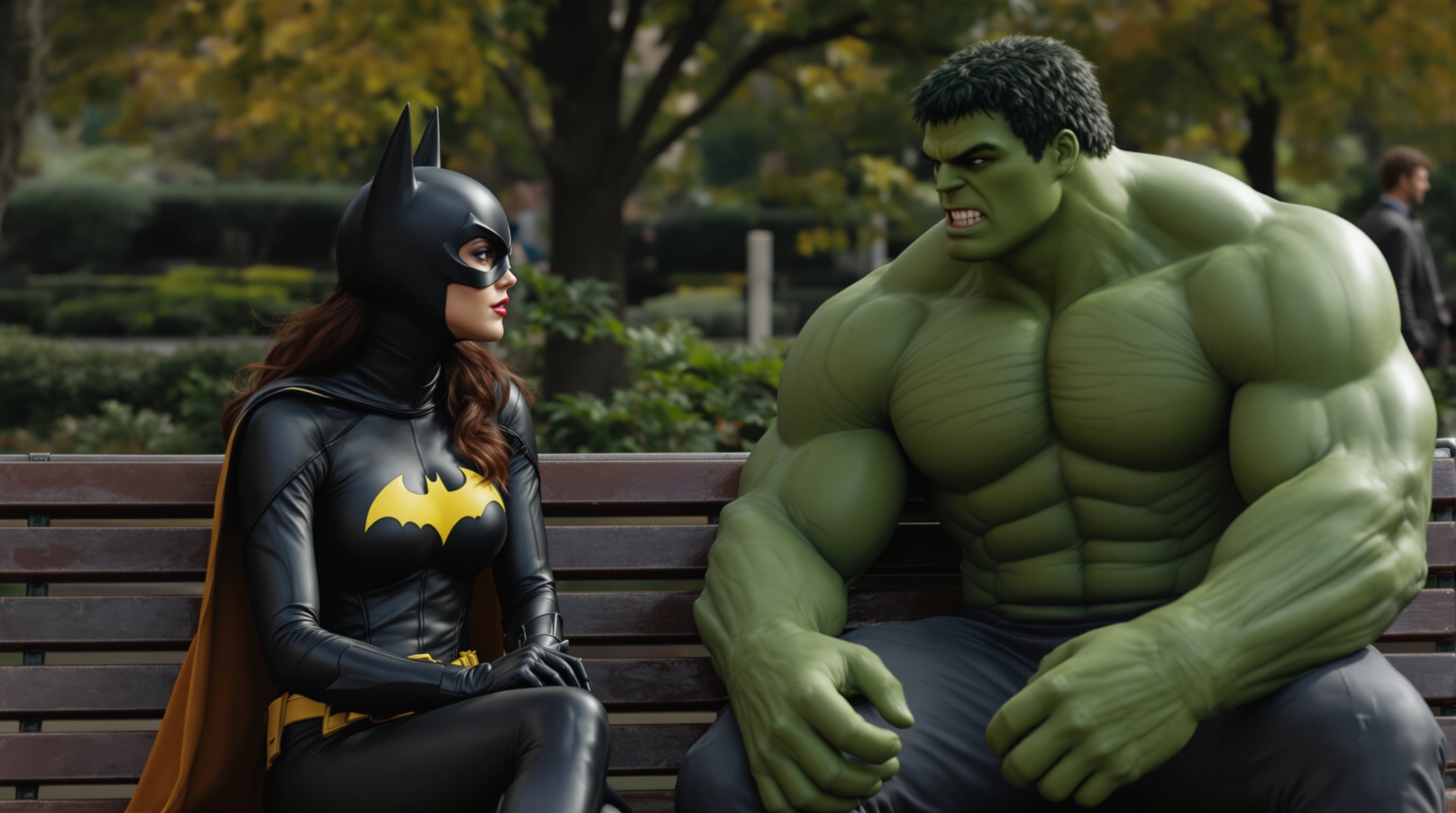 Batgirl and Hulk talk on a park bench in NewYork city.