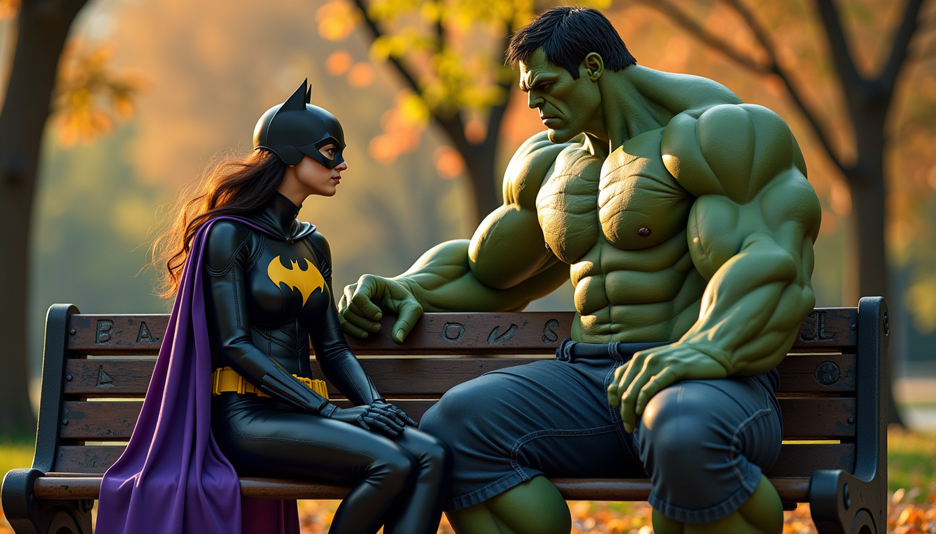A cinematic scene set in Central Park, New York City, where **Batgirl** and **Hulk** are engaged in a deep conversation on a weathered wooden park bench. 

**Visual Details:**
- **Batgirl** is in her iconic purple and black costume, her cape flowing gently with a breeze, her cowl slightly raised, showcasing her determined expression. Her utility belt is meticulously detailed, reflecting the afternoon sunlight.
- **Hulk** is portrayed in a more subdued green, his massive frame contrasting with the delicate park environment, his facial expressions showing a surprising gentleness. His muscles are defined but not overly exaggerated, suggesting a moment of calm.
- The park bench shows signs of age, with peeling paint and carvings of lovers' initials etched into the wood.

**Style:**
- Capture the scene in a **graphic novel style**, with sharp lines and vibrant colors, reminiscent of the comic book aesthetics but with a touch of realism.

**Composition:**
- The bench is at a slight angle, positioned to take advantage of the park's depth. The camera angle is low, looking up slightly to emphasize the Hulk's towering presence, while Batgirl is seated in a way that makes her seem more approachable, almost at eye level with the viewer.
- Trees with autumn leaves in shades of gold and red frame the scene, providing a natural backdrop.

**Mood and Atmosphere:**
- It's late afternoon, with the sun casting long shadows, creating a warm, inviting glow. The atmosphere is serene, with the distant sounds of the city barely audible, emphasizing the intimacy of the conversation.

**Technical Aspects:**
- Use a **shallow depth of field** to focus on the characters while softening the background, creating a cinematic feel.
- Apply **soft lighting** to enhance the warmth and tranquility of the scene, with highlights on Batgirl's costume and the Hulk's skin to give them a lifelike texture.

**Cohesion:**
- The scene is a blend of superhero fantasy with the everyday life of New York City, where the extraordinary meets the ordinary in a moment of quiet dialogue, showcasing a unique juxtaposition of strength and vulnerability.