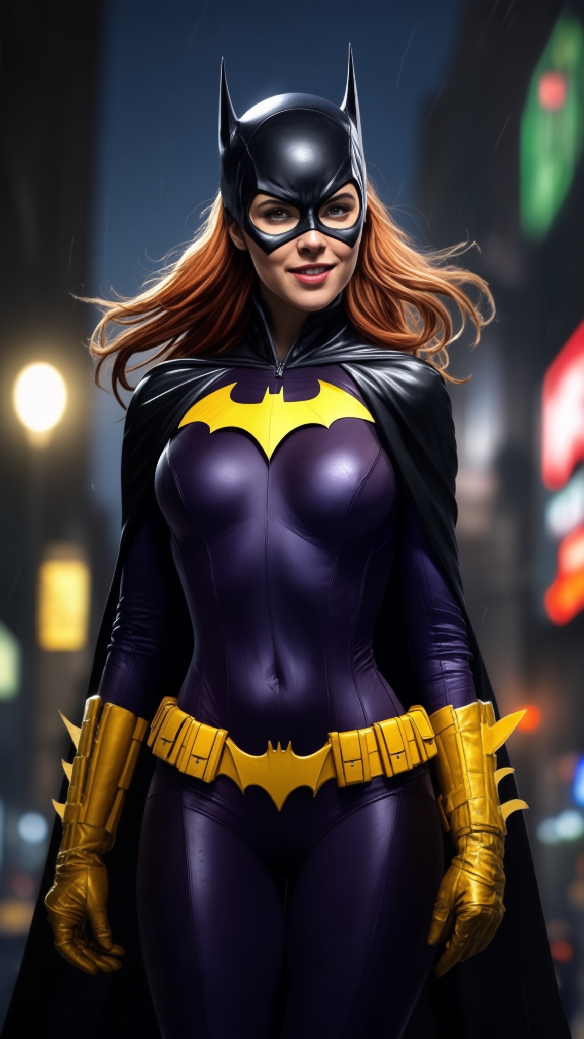 Create a dynamic image of **Batgirl** in a **comic book style**, capturing her in a **heroic pose** for the camera:

- **Visual Details:** Batgirl is depicted in her iconic purple and gold costume, with a **yellow utility belt** and black **cape**. Her **bat-symbol** is prominently displayed on her chest. Her **hair** is **flowing**, adding a sense of motion, and her **mask** covers her eyes but leaves her mouth visible for a confident smile.

- **Style:** The image should evoke the **bold, vibrant colors** and **dynamic lines** characteristic of **comic book art** from the Golden Age, with exaggerated expressions and poses.

- **Composition:** Batgirl is **front and center**, filling the frame, with her body slightly turned to showcase her silhouette. The camera angle is **slightly low**, looking up to make her appear more imposing. Her **left hand** is on her hip, while her **right arm** extends towards the camera in a welcoming gesture.

- **Mood and Atmosphere:** The scene is set in **Gotham City at night**, with the **Bat-Signal** subtly visible in the sky behind her, creating a **mysterious and dramatic atmosphere**. Streetlights cast **long shadows** and **neon signs** in the background add **colorful reflections** on her costume.

- **Technical Aspects:** Utilize **chiaroscuro lighting** to enhance the contrast between light and shadow, emphasizing the **textures** of her costume. Employ **motion blur** on her hair and cape to suggest movement, and **depth of field** to blur the background, focusing attention on Batgirl.

- **Cohesion:** The image combines elements of **superhero iconography**, **urban noir**, and **vibrant comic book aesthetics** to create a scene that feels both **authentic to the character** and **visually engaging** for the viewer.