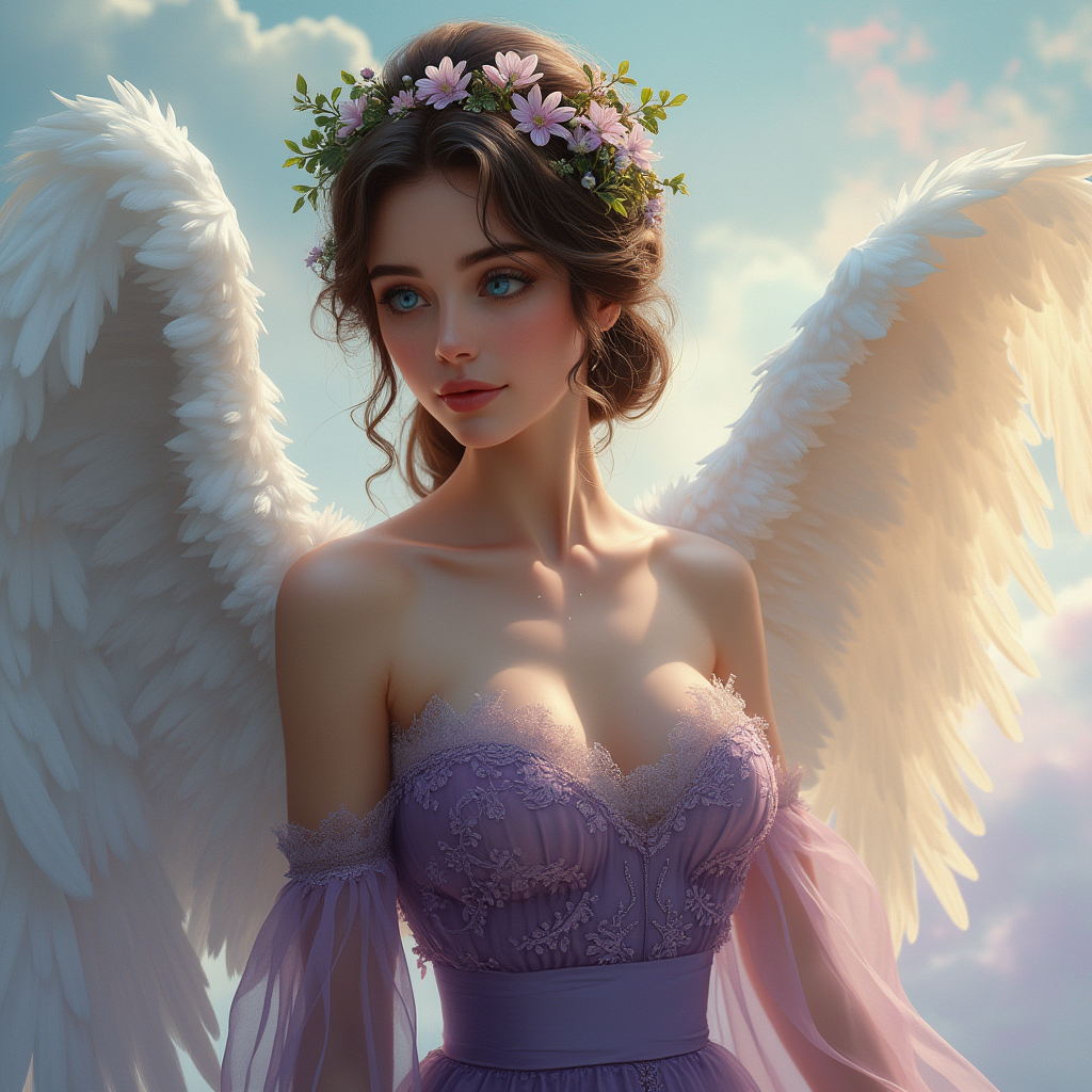 This image is a digital artwork that depicts a woman with angelic characteristics. The art style is highly detailed and realistic, with a touch of fantasy, as evidenced by the subjects wings and the ethereal quality of the image.The medium appears to be a digital painting, given the smooth gradients, the lack of texture that would be present in a traditional painting, and the seamless blending of colors and light.The colors in the image are soft and pastel, with a predominance of blues, greens, and whites. The figures skin is a warm, natural tone, providing a contrast to the cool colors of the background and the wings. The purple of the figures dress is a rich, deep shade, with intricate lace detailing that adds texture and depth.The subject of the image is a female figure with a large bust, expressive blue eyes and a serene, almost otherworldly expression. Her hair is styled in an elaborate updo, adorned with a headpiece that includes small flowers and green leaves, suggesting a connection to nature. The hair is a rich brown, with highlights that catch the light, giving it volume and dimension.She wears a gown that is sheer and embellished with lace, which is a common element in fantasy art. The lace is detailed with floral patterns, and the gown has a fitted bodice that flares into a full skirt, creating a classic silhouette.The wings of the figure are expansive and feathered, with a soft white color that suggests purity and lightness. They are spread out behind her, and the feathers are rendered with a high level of detail, showing the individual barbs and the way they catch the light.The background of the image is a soft, cloudy sky, with gentle light filtering through, casting a warm glow on the figure and creating a sense of peacefulness. There are hints of pink and purple in the clouds, adding to the dreamlike quality of the scene.Overall, the image exudes a sense of fantasy, beauty, and tranquility, with a focus on the interplay of light, color, and form to create a lifelike and enchanting portrayal.