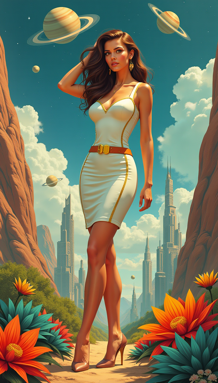 This image is a digital painting that captures a scene of a woman in a futuristic setting. The art style is reminiscent of pinup art, with a touch of science fiction, characterized by its vibrant colors, exaggerated curves, and stylized depiction of the subject.The medium appears to be digital painting, as evidenced by the smooth blending of colors and the lack of texture that would be present in traditional painting mediums such as oil or acrylic.The colors in the image are rich and dynamic, with a predominance of warm tones such as oranges, yellows, and reds, which create a sense of warmth and energy. The cool blues and greens in the background and the space elements provide a contrast, adding depth and dimension to the scene.The woman in the image is the focal point, dressed in a futuristic white dress with gold trim and a belt. Her hair is styled in waves, and her pose is relaxed yet confident. The dress has a formfitting design that accentuates her curves, and the gold trim adds a touch of elegance.In the background, there is a futuristic cityscape with towering skyscrapers and flying vehicles, suggesting a setting far into the future. The cityscape is set against a backdrop of mountains and a large planet with rings, reminiscent of Saturn. The sky is filled with stars, and there are smaller celestial bodies floating around, adding to the scifi atmosphere.The foreground is adorned with an array of plants and flowers in vivid colors, contributing to the lush, otherworldly feel of the scene. The plants are diverse and appear to be thriving, with some having unique shapes and textures.Overall, the image is a blend of pinup charm and science fiction, with a focus on vibrant colors, stylized figures, and a futuristic setting. The digital painting technique used to create this image adds to the smoothness and vibrancy of the colors, making the scene both visually appealing and thematically rich.