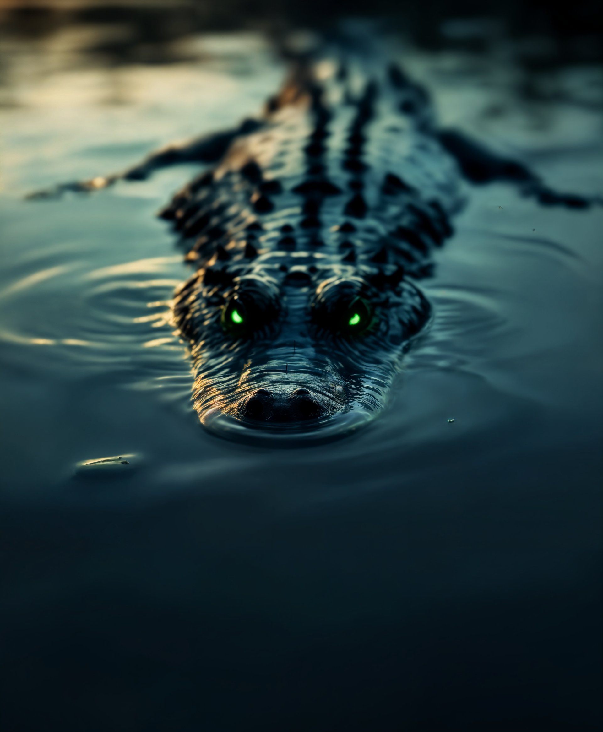 masterpiece, best quality, highres, sharp image, more detail, masterpiece, best quality, highres, sharp image, more detail, An **eerie** scene at **dusk**, where an **alligator** stealthily **lurks** in the **murky waters** of a **quiet lake**, its **eyes** glowing with an **otherworldly green hue**. The **composition** captures the alligator **partially submerged**, with only its **eyes** and **nostrils** breaking the **still water's surface**, creating a **sense of suspense and mystery**. The **camera angle** is **low**, from the perspective of a small animal or human child at the water's edge, enhancing the **ominous presence** of the alligator. The **lighting** is **dim**, with the **sun setting** behind the scene, casting **long shadows** and **reflections** on the water. The **texture** of the water should show **ripples** from the alligator's movement, contrasting with the **smooth, calm areas** around. This image should evoke a **nocturnal**, **wild** atmosphere, reminiscent of **nature photography** or **wildlife documentaries**, capturing the **essence of the untamed wilderness** where **danger** and **beauty** coexist.