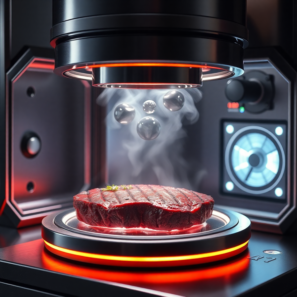 an atomic replicator creating a delicious steak